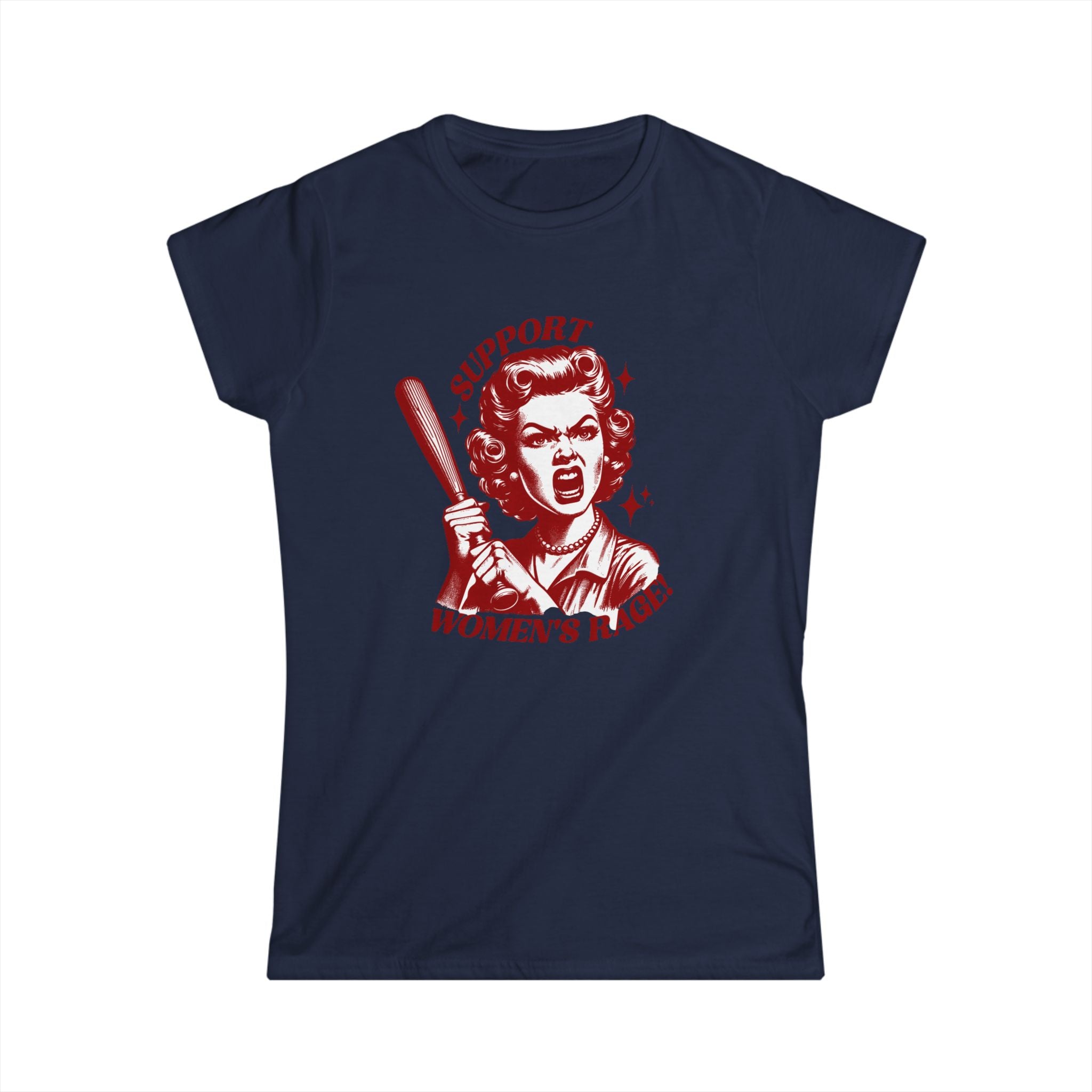 Support Women’s Rage Vintage Retro Feminist T-Shirt with Baseball Bat Graphic | Women’s Rage Shirt | Funny Feminist Tee | 1950s Housewife Angry Woman Graphic Tee | navy T shirt