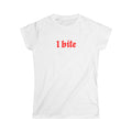 Women’s feminist White t-shirt with 'I bite' text in red.