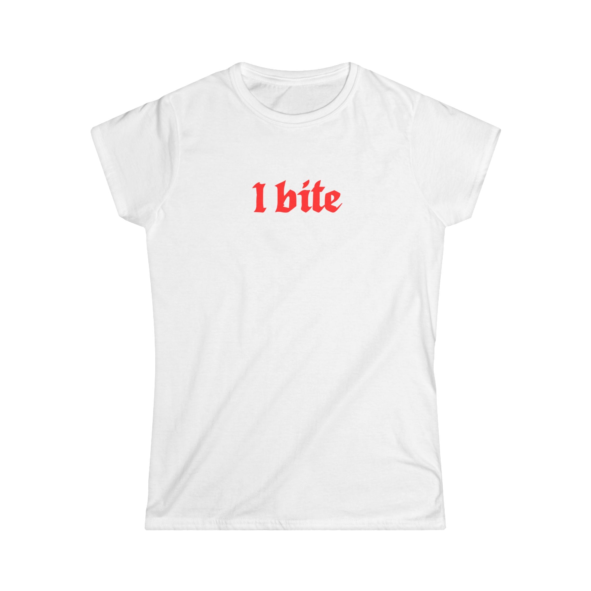Women’s feminist White t-shirt with 'I bite' text in red.