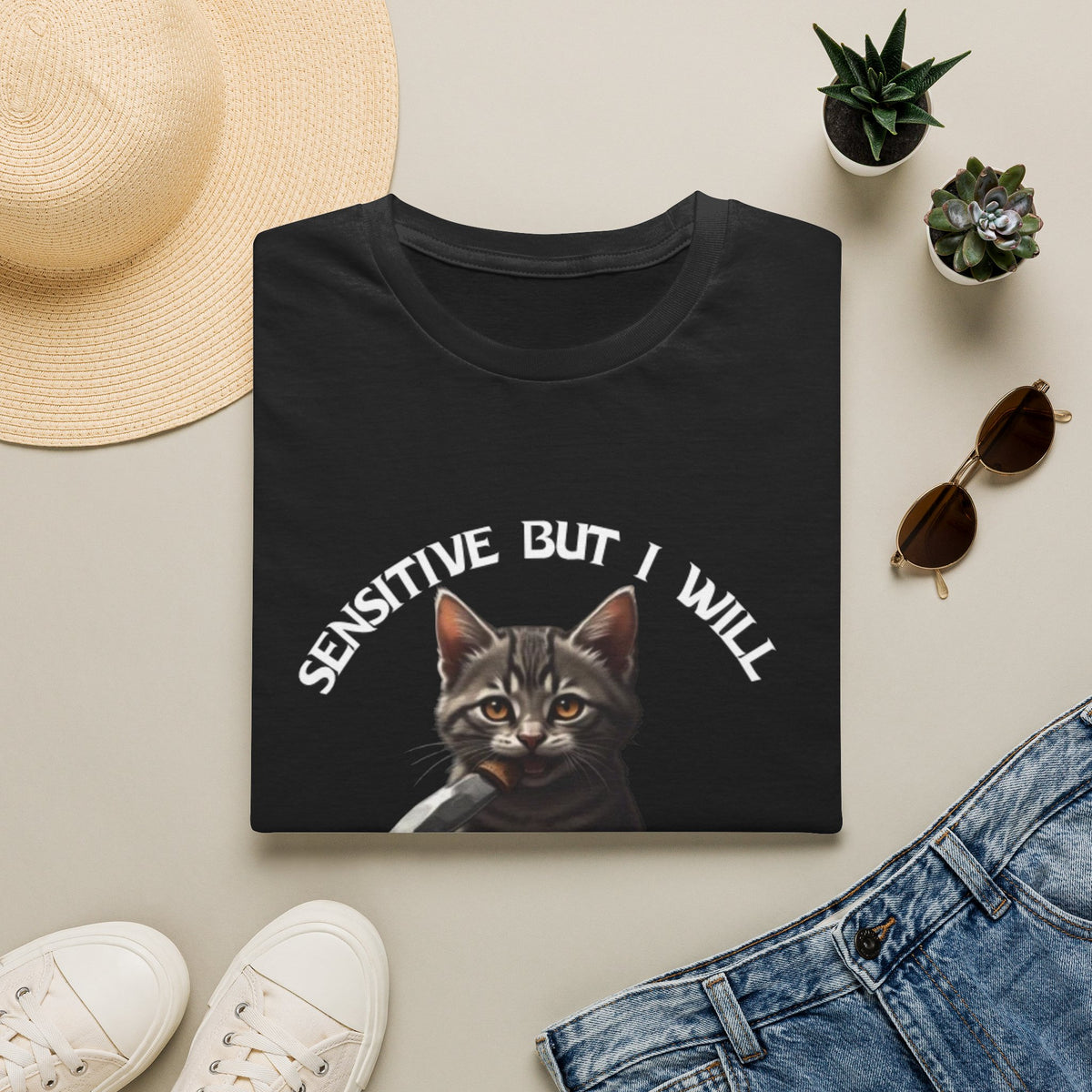 Women's Tee — "Sensitive But I Will Stab You" Cute Cat Graphic