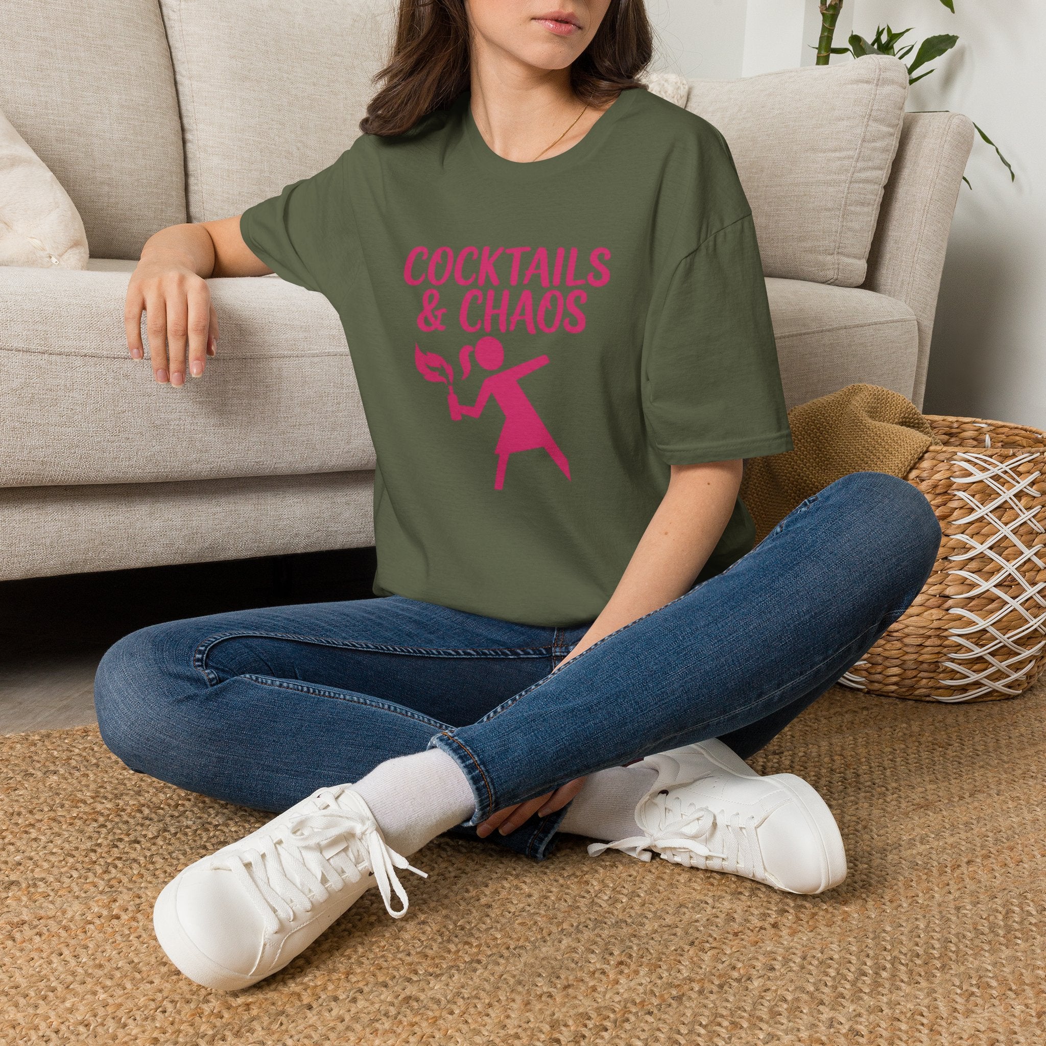 Cocktails & Chaos Graphic Tee | Funny Feminist Shirt | Women’s Black T-Shirt | Gift for Her | Chaos Energy Shirt | Hot Pink Graphic Tee
