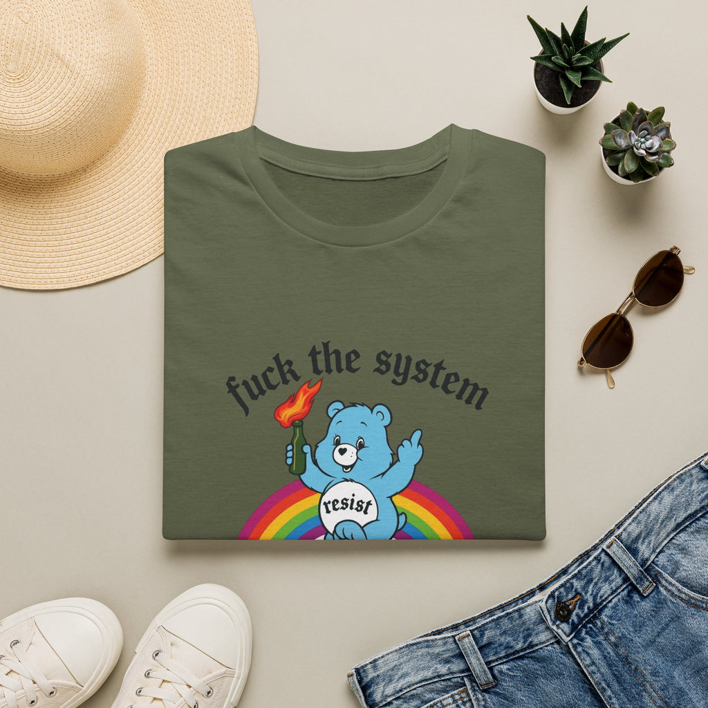 F*ck The System Resist Bear Shirt | Funny Anarchist Care Bear Graphic Tee | Anti Establishment Shirt | Political Protest Tee | Edgy Nostalgia Shirt | Funny Gift For Activists