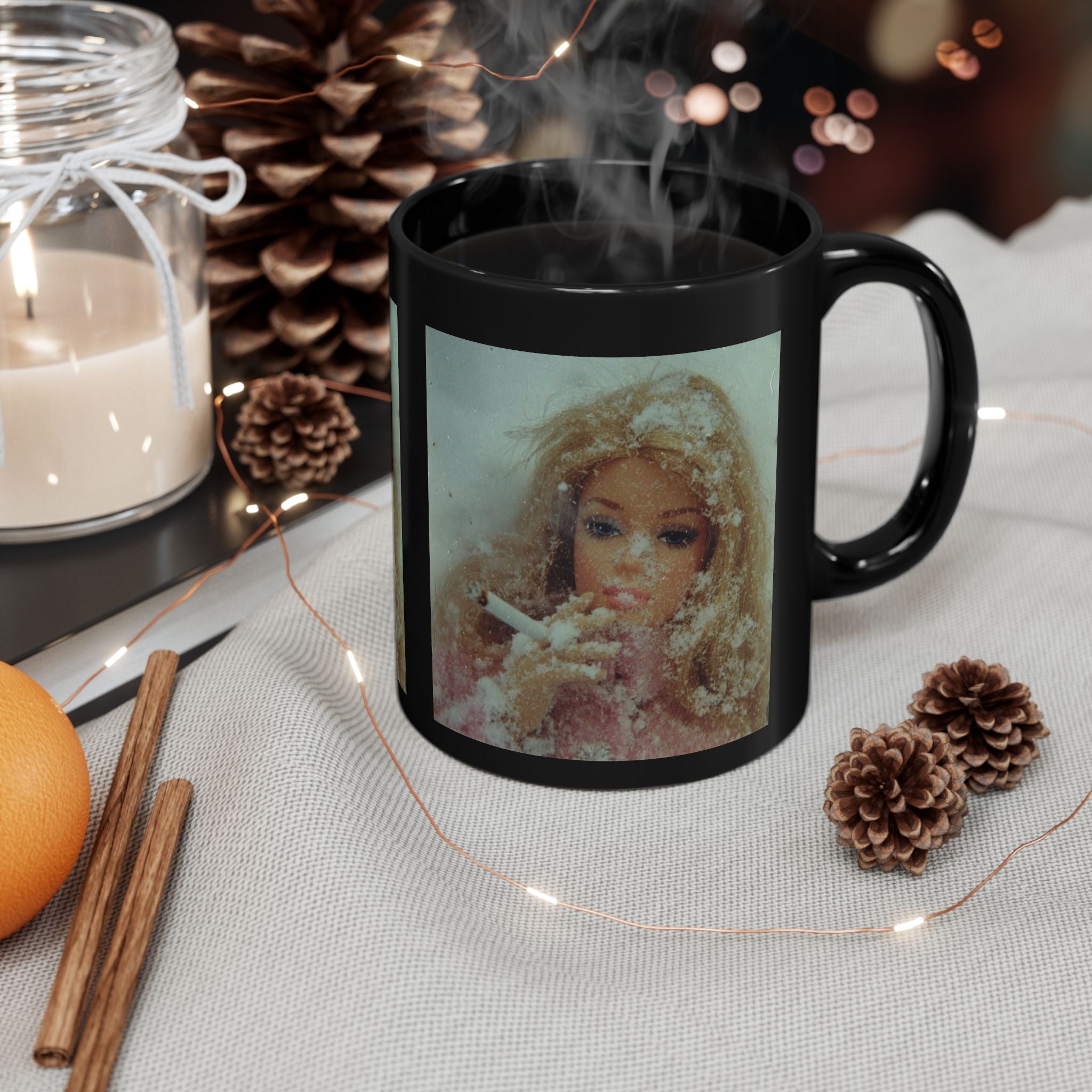 Vintage Doll Smoking Portrait Mug — Retro Doll Art Coffee Cup
