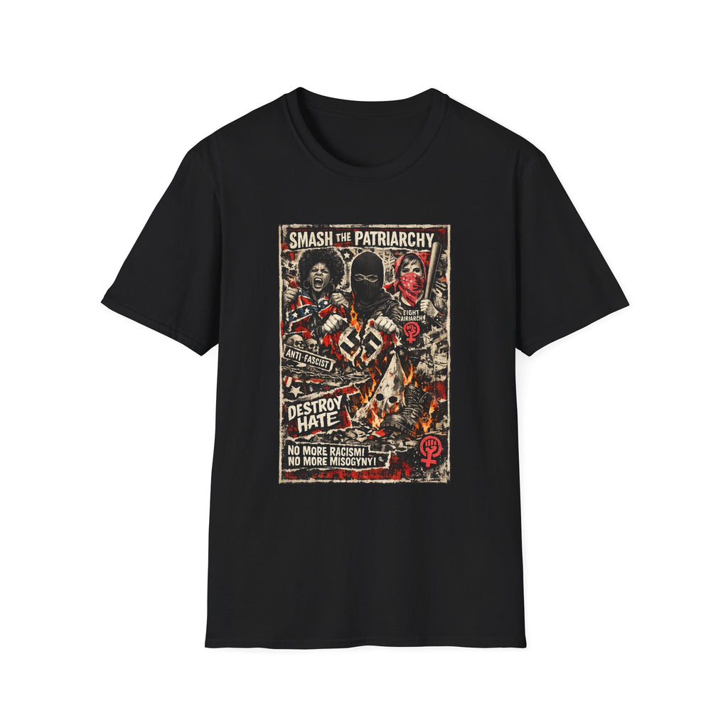 Bold anti-fascist feminist graphic t-shirt with distressed protest poster artwork. Three women in resistance poses destroying hate symbols in flames. Text reads “Smash the Patriarchy — Destroy Hate — No More Racism, No More Misogyny.” Punk feminist shirt, anti-racism tee, women’s resistance graphic shirt, activist gift.