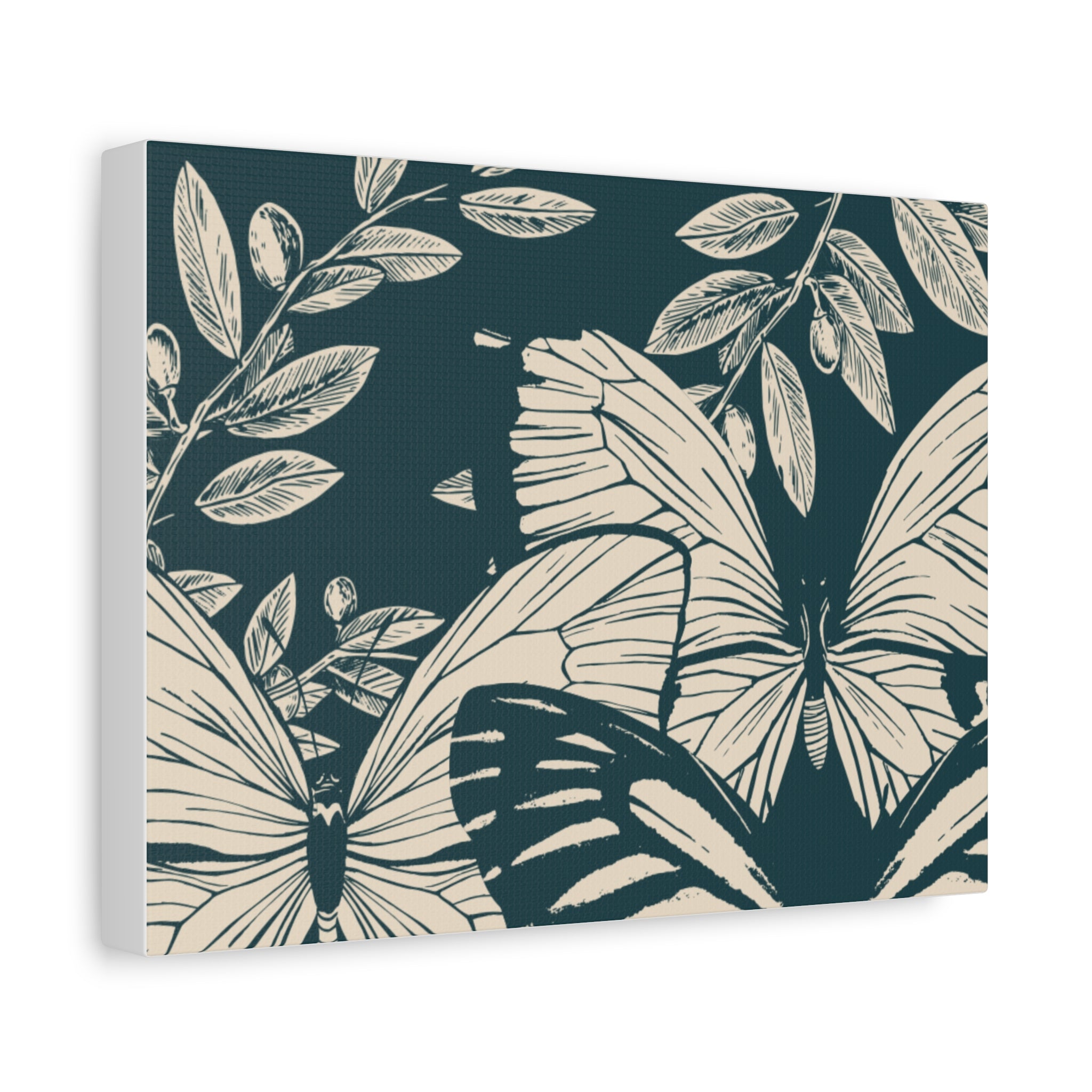 Butterfly Botanical Canvas Wall Art — Teal & Cream Stretched Matte Print