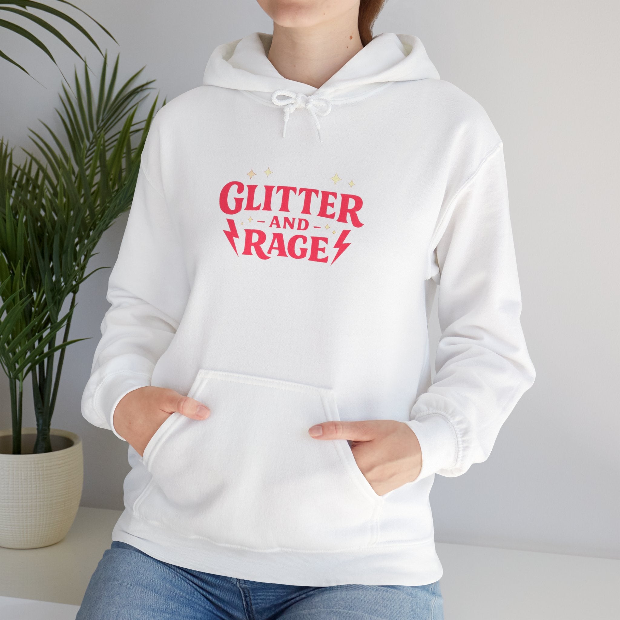 Glitter & Rage White Hoodie — Cute Pink Text Graphic Pullover