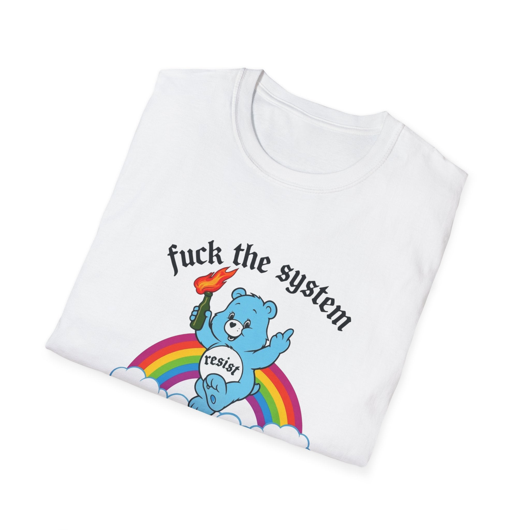 Care Bear 'Fuck the System' T-Shirt — Rainbow Rebellion Graphic Tee