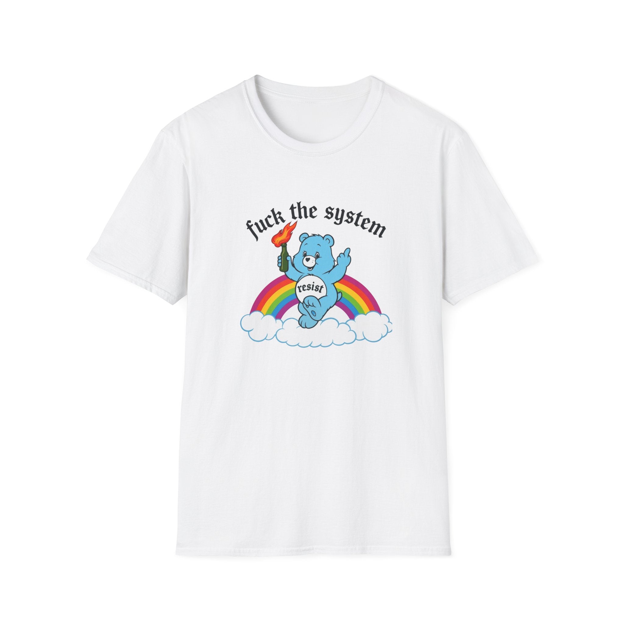 Care Bear 'Fuck the System' T-Shirt — Rainbow Rebellion Graphic Tee