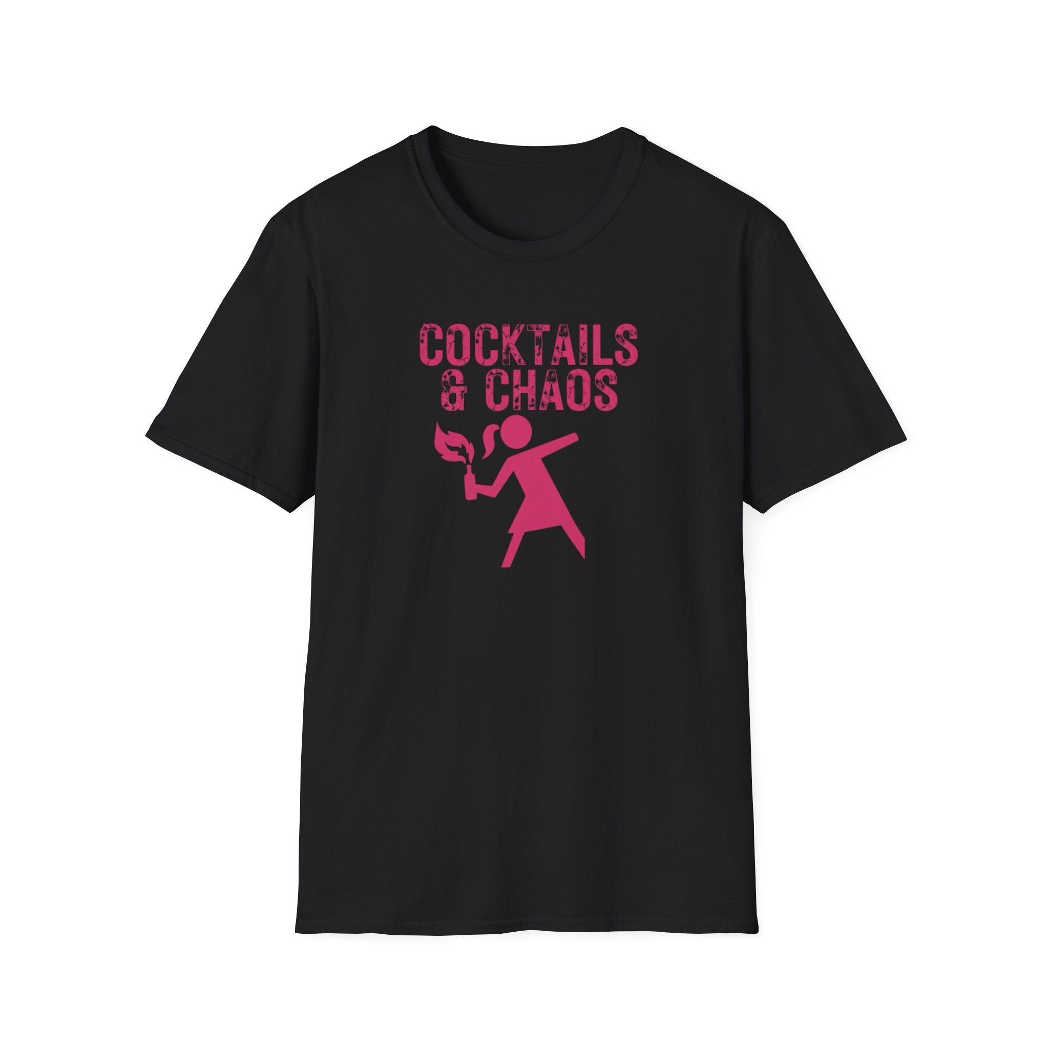 Cocktails & Chaos Graphic Tee | Funny Feminist Shirt | Women’s Black T-Shirt | Gift for Her | Chaos Energy Shirt | Hot Pink Graphic Tee