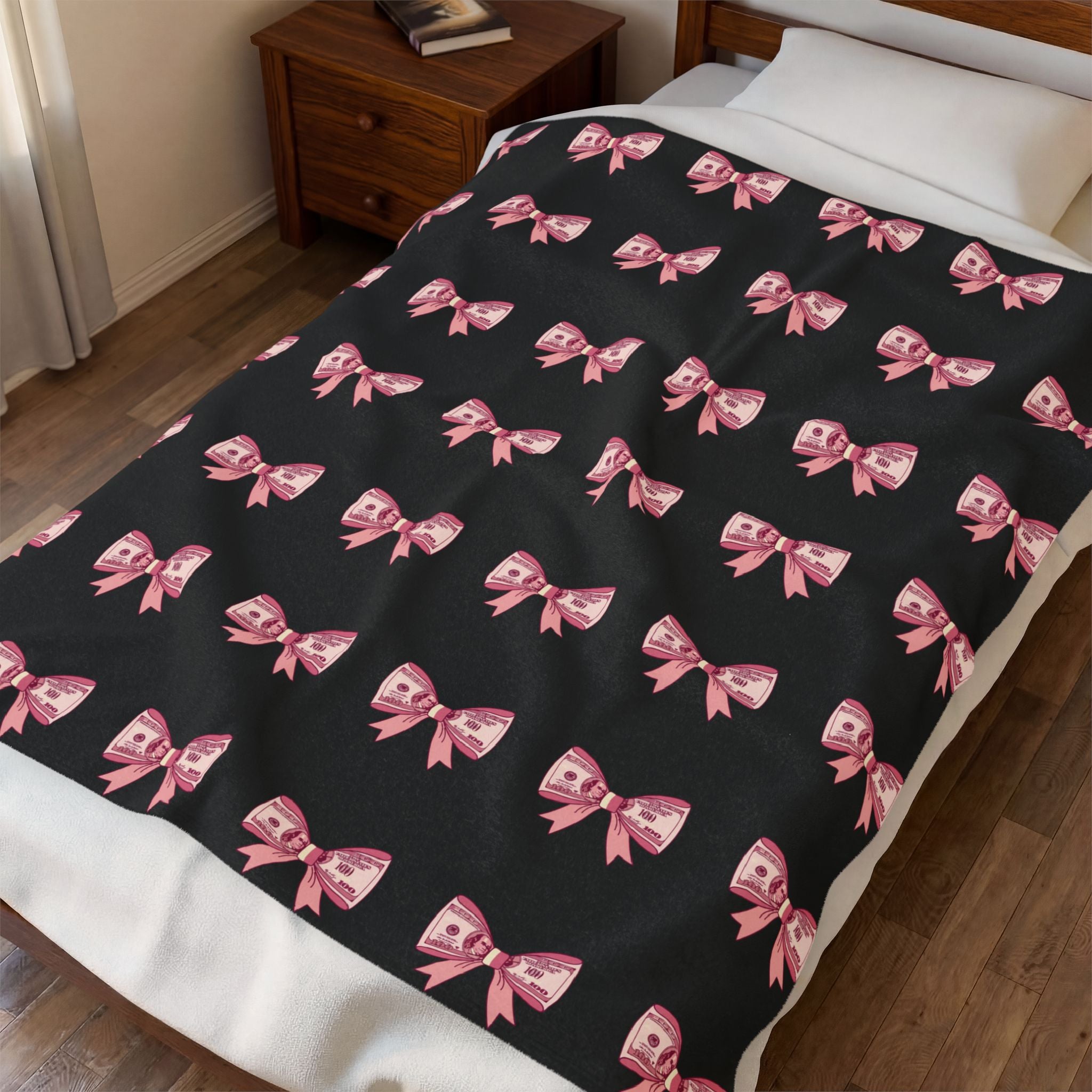 Pink Bow Pattern Velveteen Blanket | Black Background, Repeating Bows