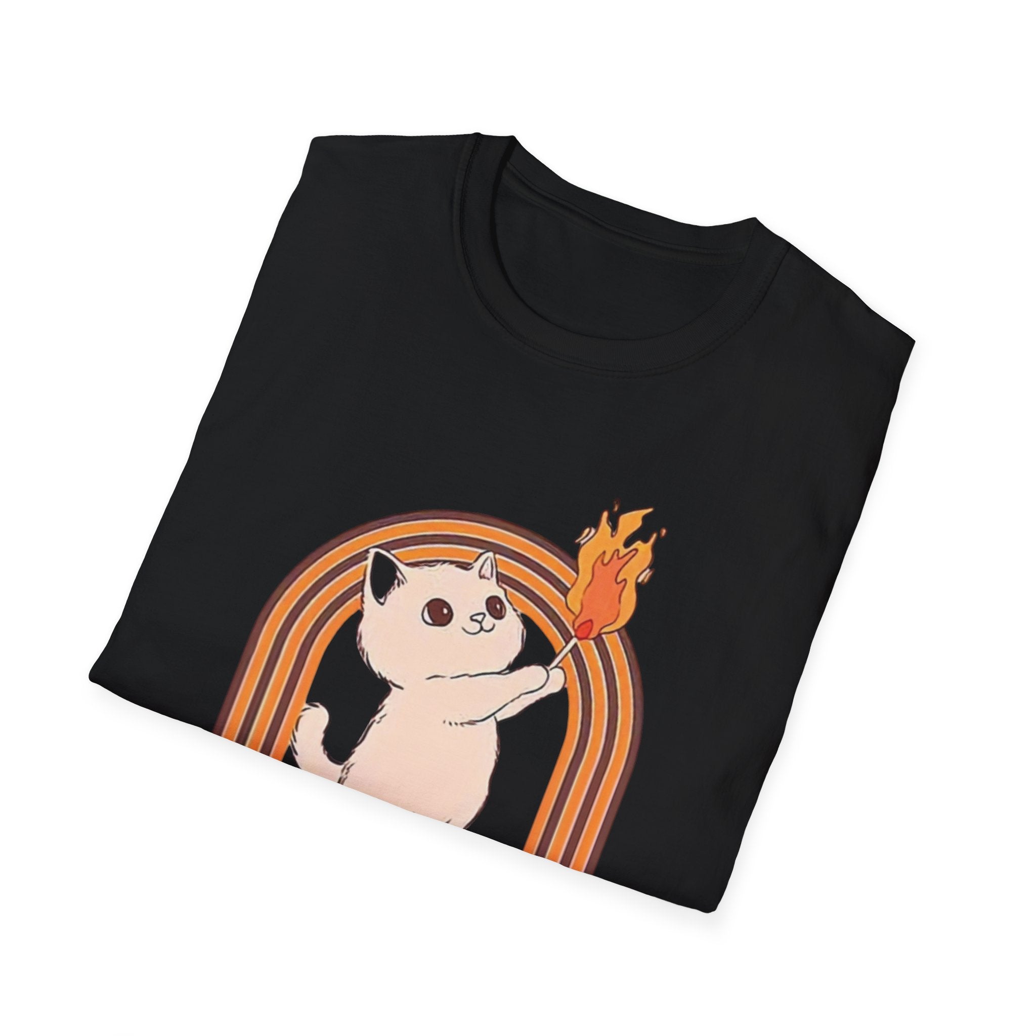 Black t-shirt with a cat holding a torch design on a white background