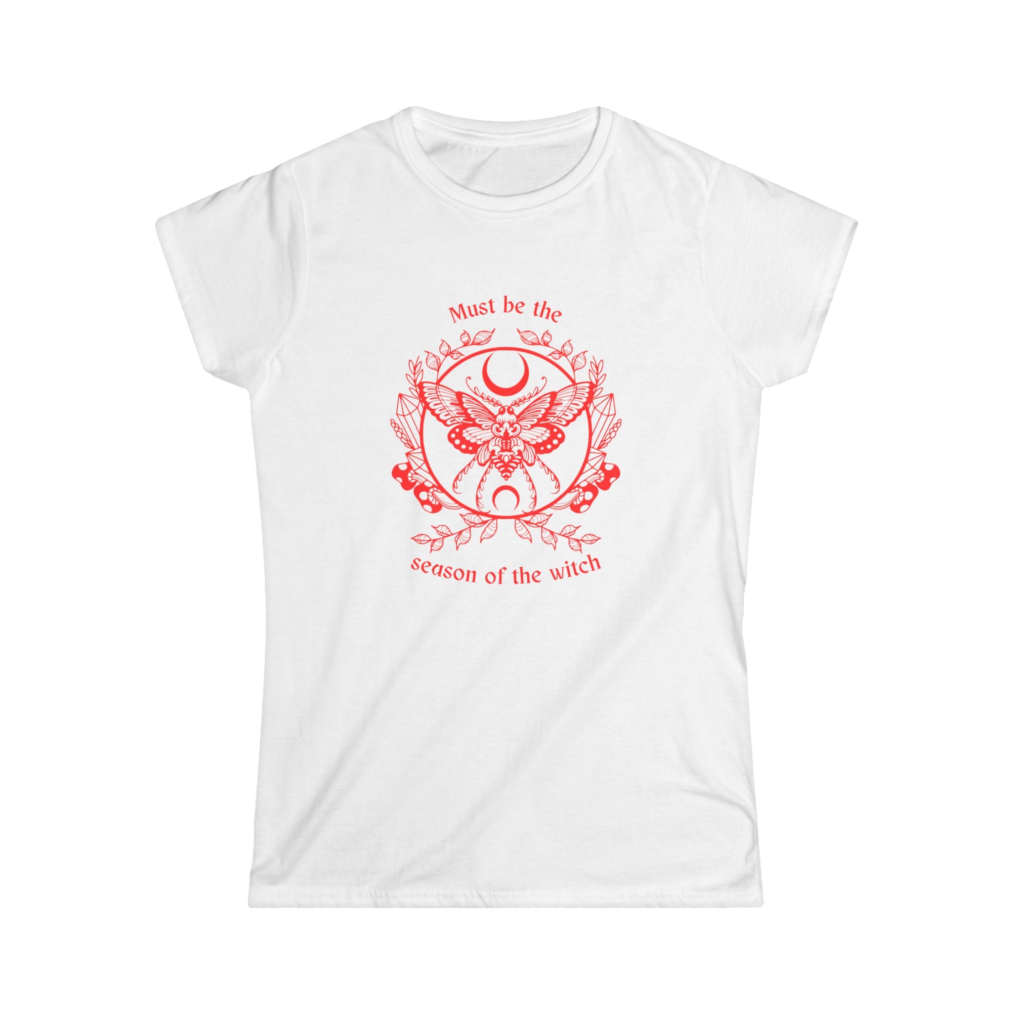 Women’s white witchy t shirt with bold red text reading “must be the season of the witch” with a moth, circle of crystals and moon graphic. 