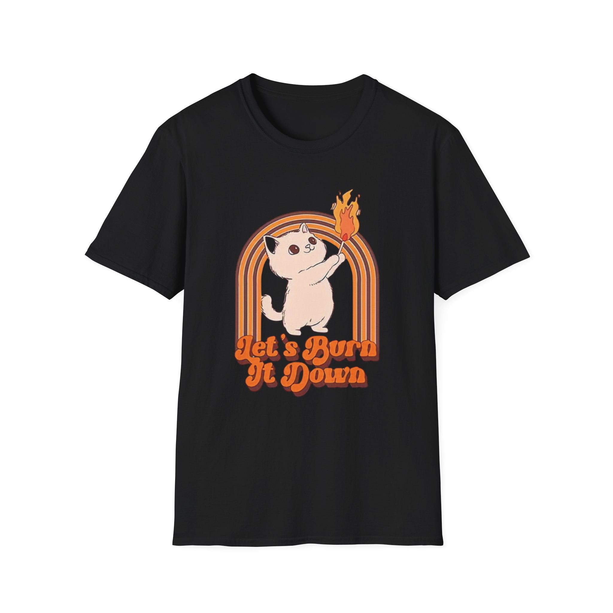 Feminist activist t shirt with cat graphic and text “let it burn”