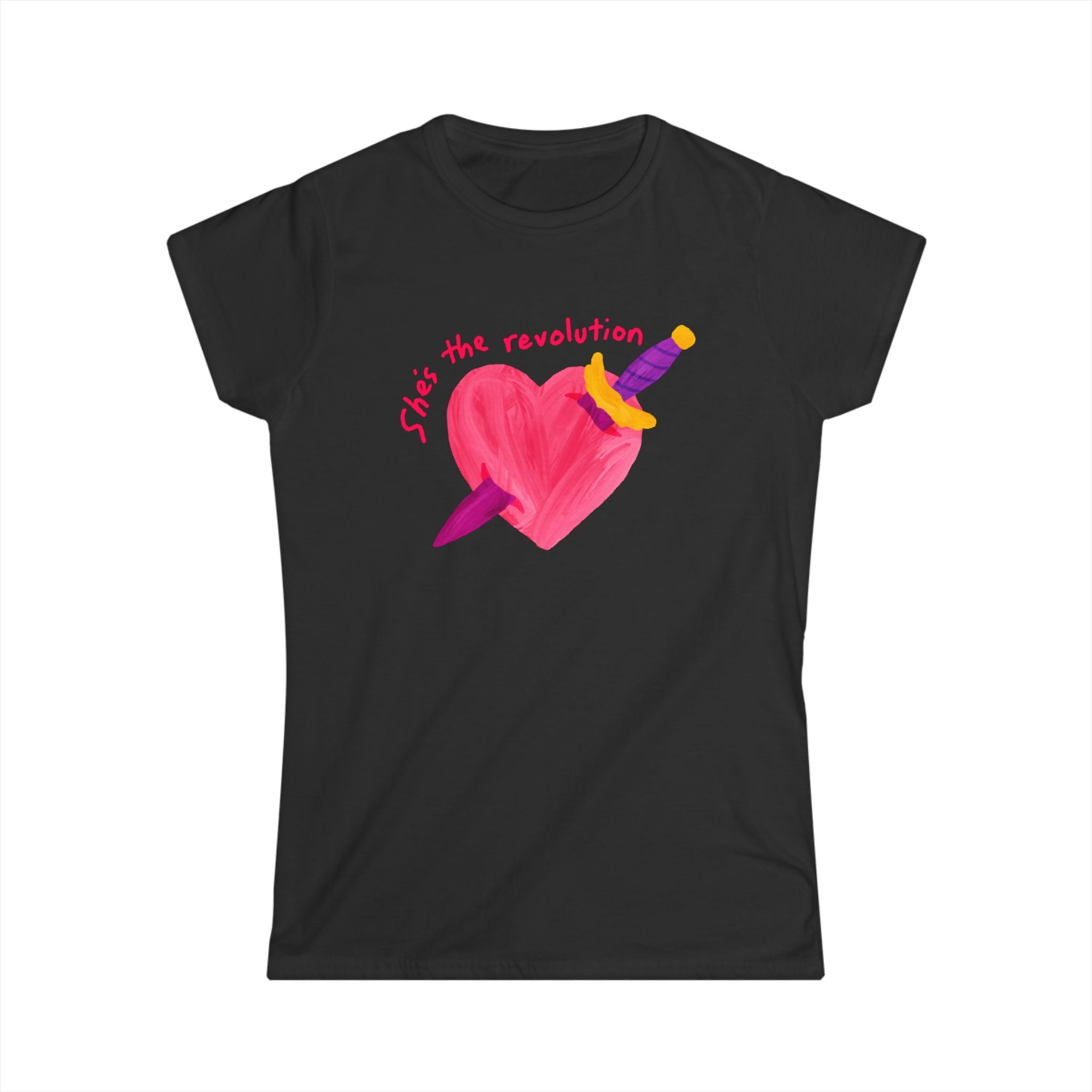 Women’s feminist Black t-shirt with a pink heart and sword graphic and red text that reads “she’s the revolution”