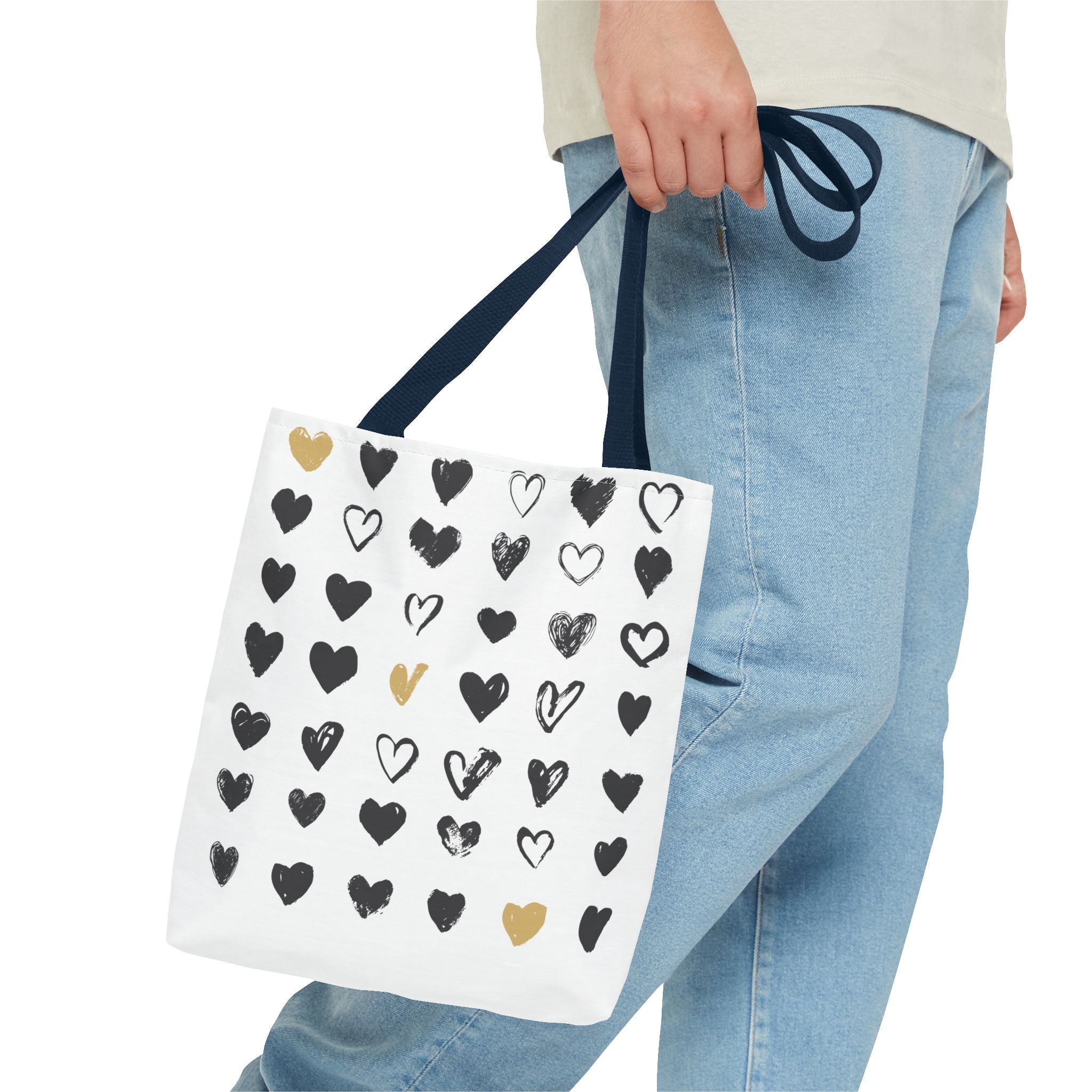 Heart Pattern Tote Bag — Black & Gold Hand-Drawn Hearts All-Over Print