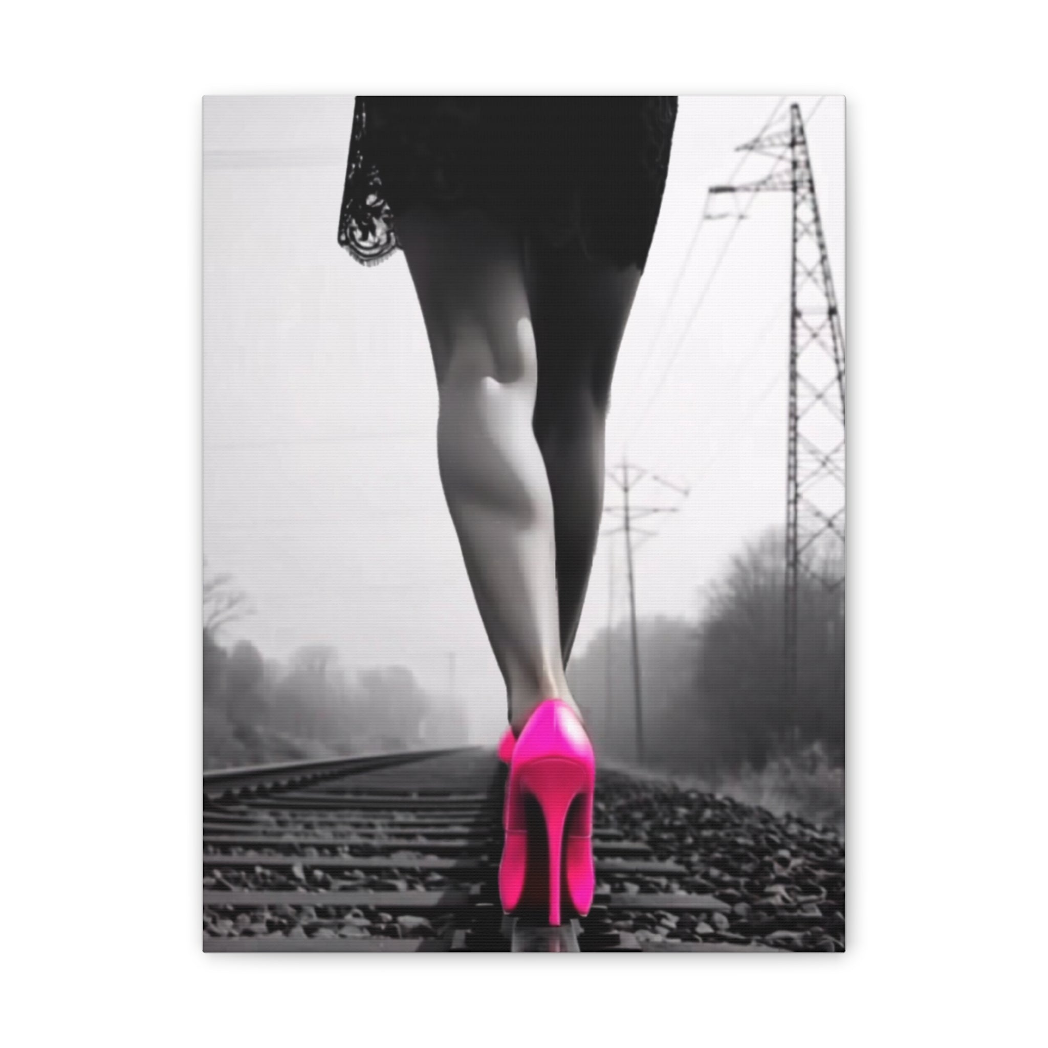 12x16 Canvas Print — Pink Heels on Rails Black & White Fashion Photography