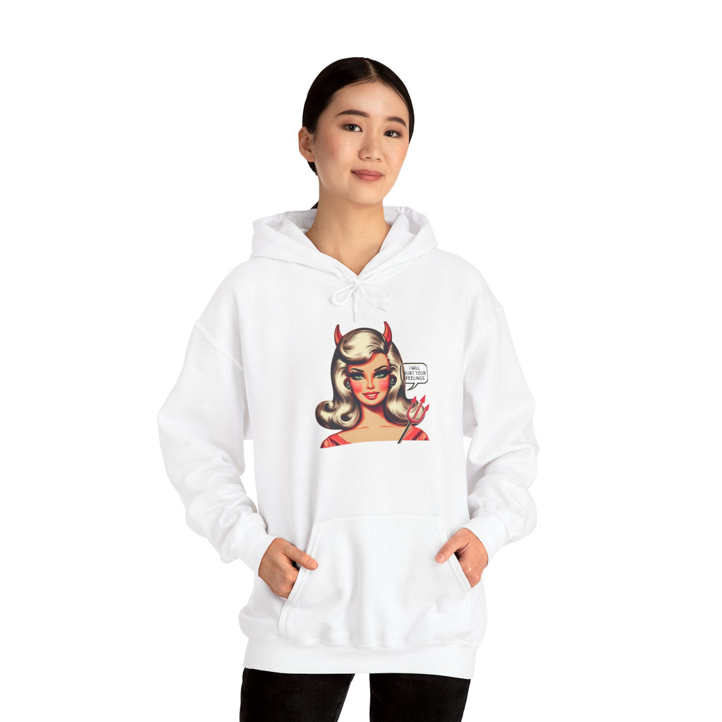 White hoodie with a graphic of a doll with devil horns and a pitchfork and a thought bubble that says “I will hurt your feelings”