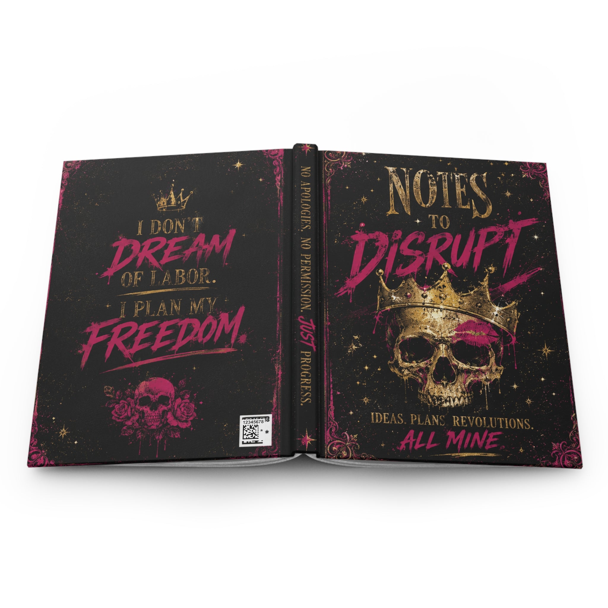 “Notes to Disrupt” Skull & Crown Journal – Gothic Feminist Notebook, Pink & Gold Witchy Planner, Dark Academia Skull Notebook, Rebellious Women Gift