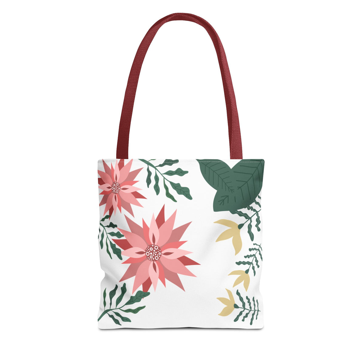 Floral Tote Bag – Pink Poinsettia & Green Foliage All-Over Print