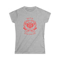 Women’s  heather gray witchy t shirt with bold red text reading “must be the season of the witch” with a moth, circle of crystals and moon graphic. 