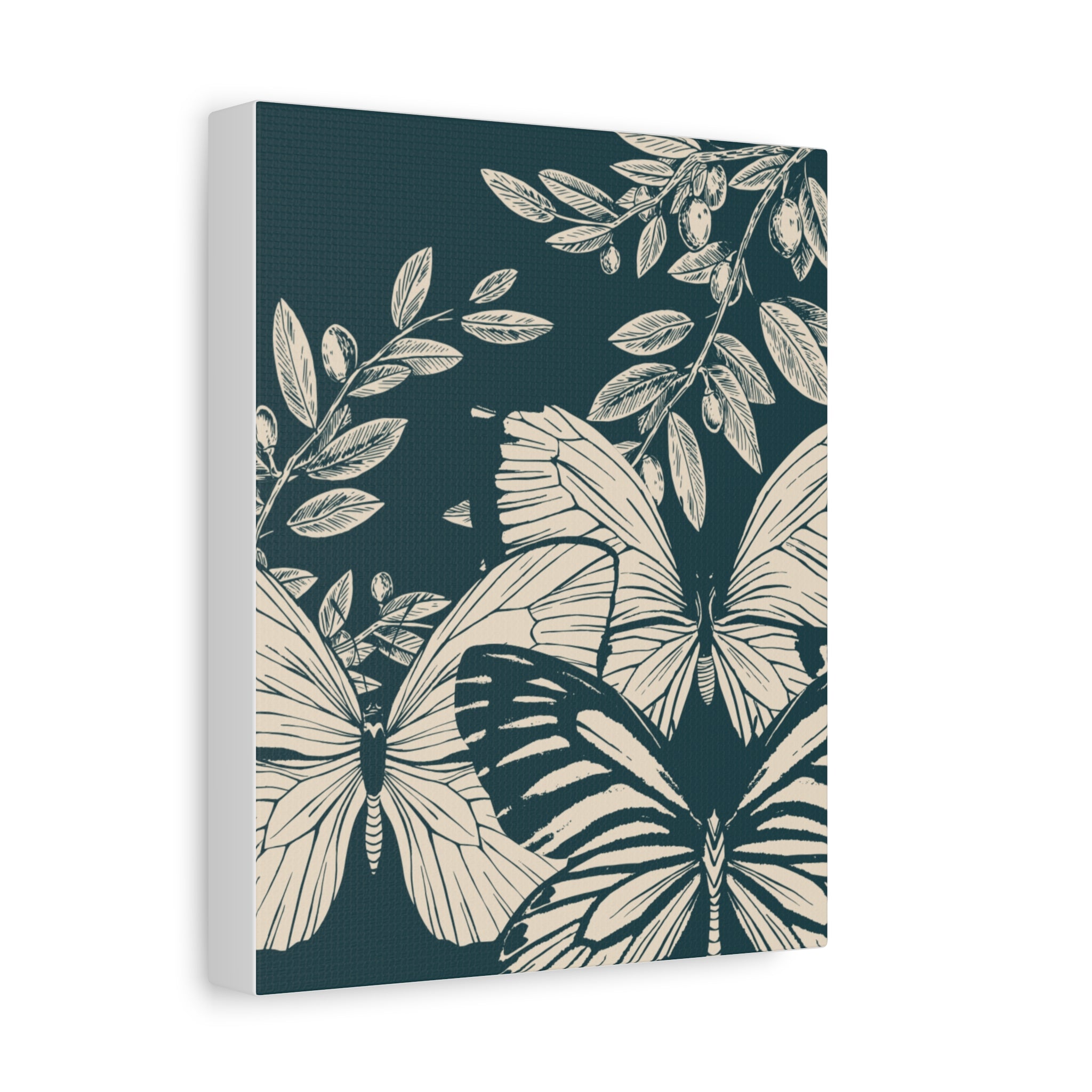 Butterfly Botanical Canvas Wall Art — Teal & Cream Stretched Matte Print