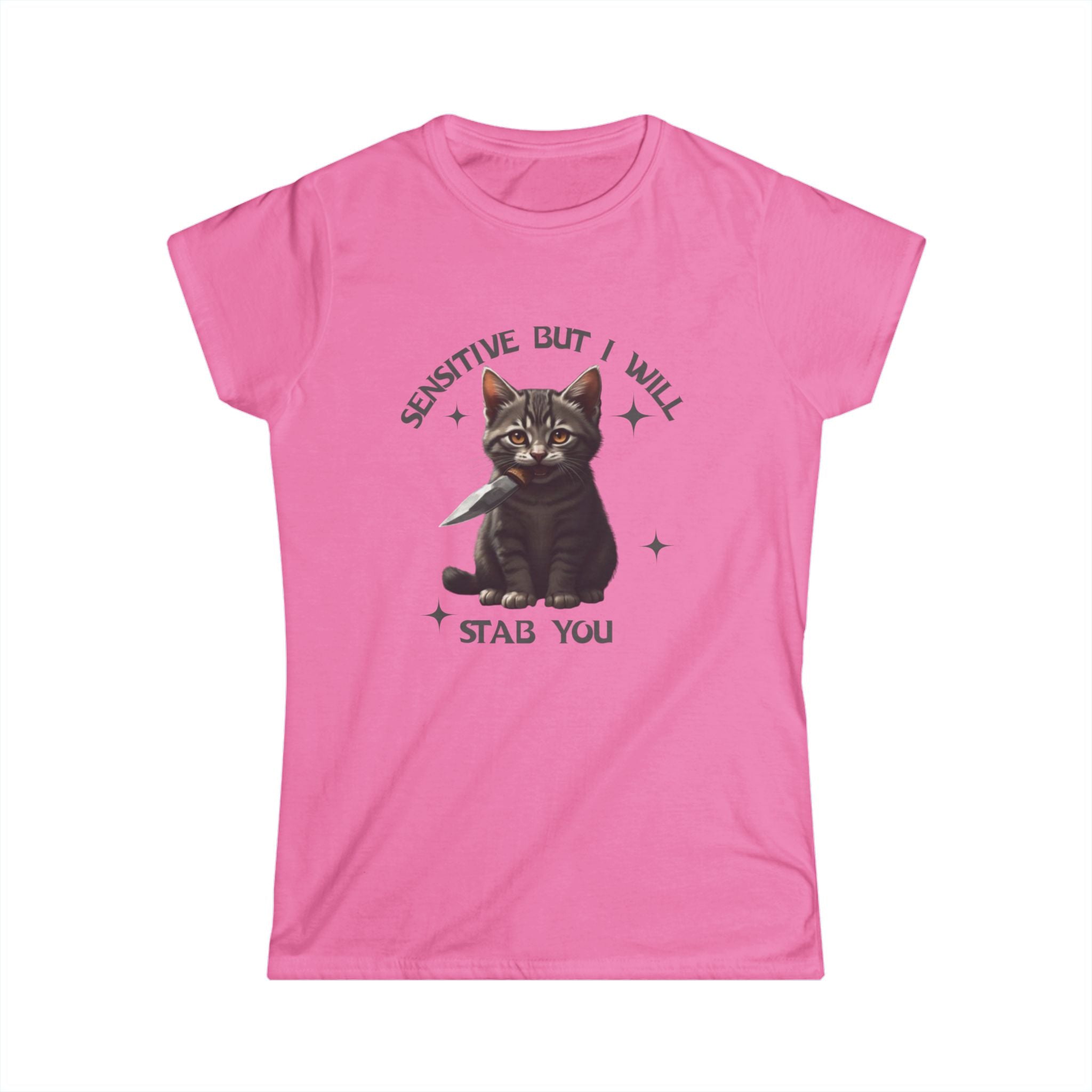 Women’s pink  t-shirt with a cat graphic and text that reads “sensitive but I will stab you”