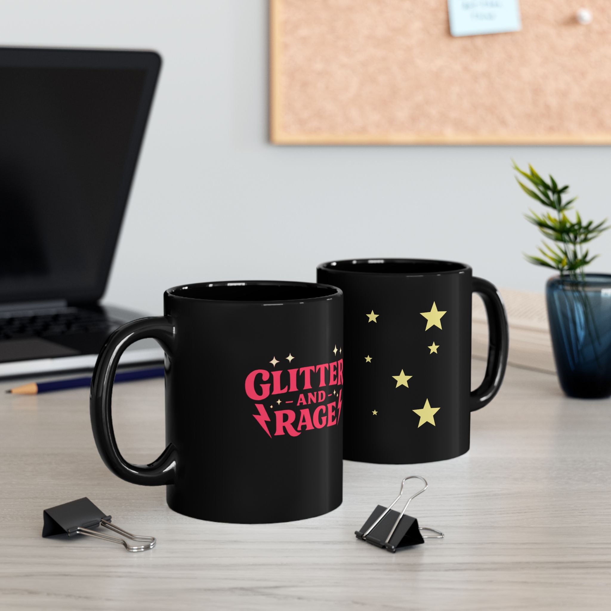 Black Mug — "Glitter and Rage” Starry Coffee Cup