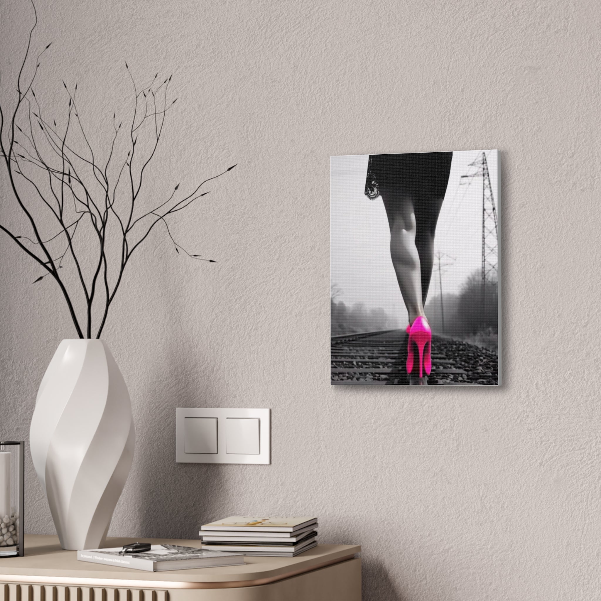 12x16 Canvas Print — Pink Heels on Rails Black & White Fashion Photography