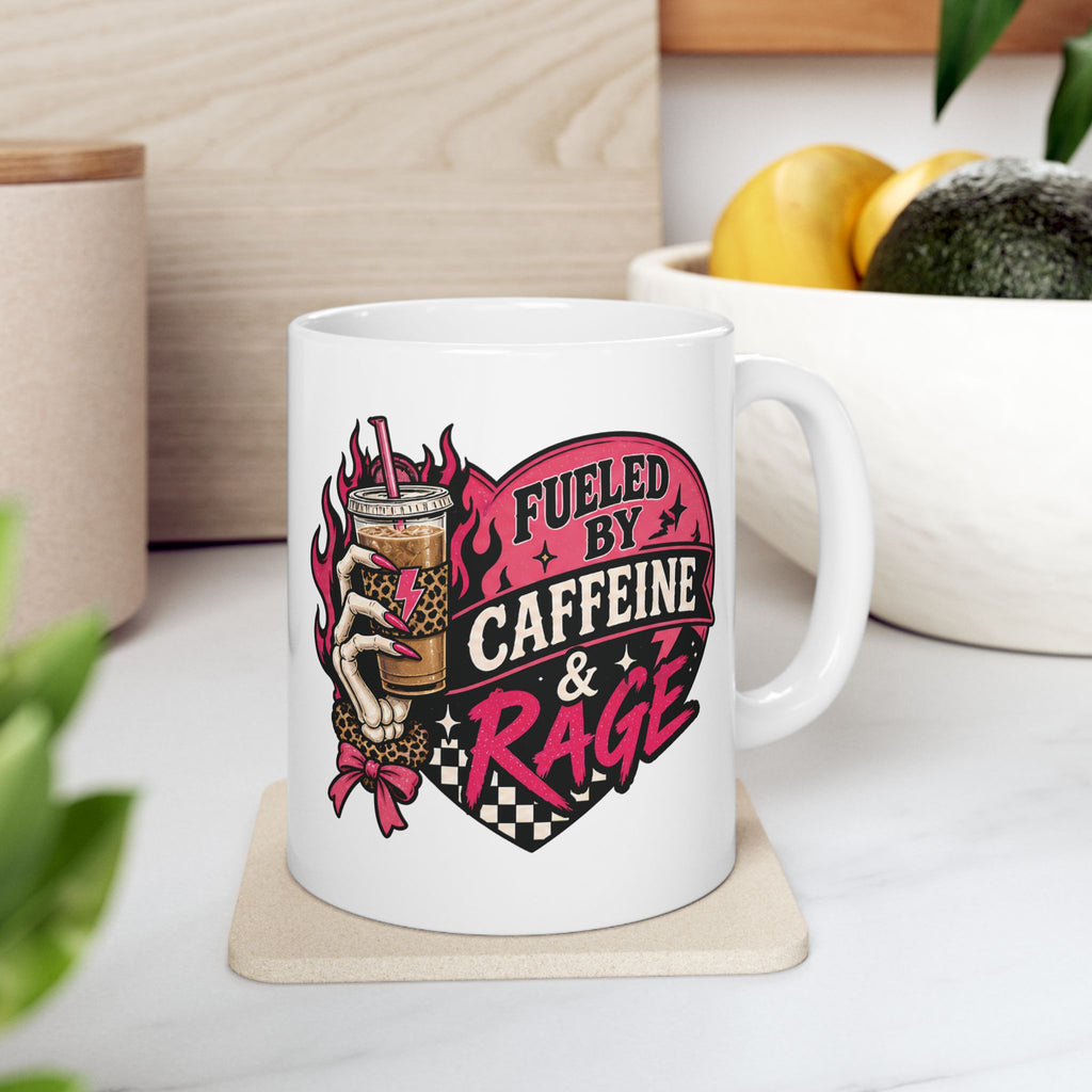Fueled by Caffeine & Rage Mug — Skeleton Hand Iced Coffee Feminist Coffee Mug