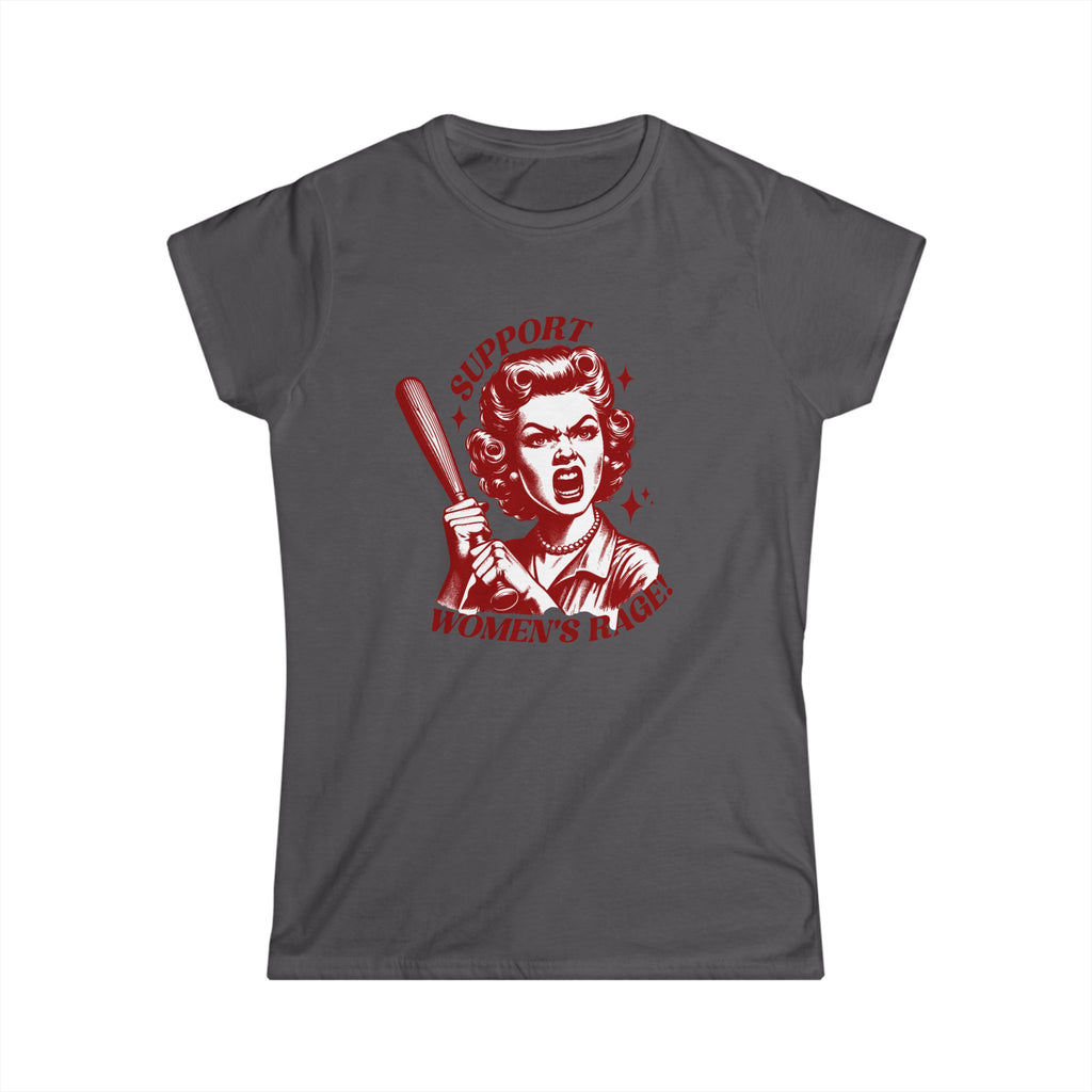 Support Women’s Rage Vintage Retro Feminist T-Shirt with Baseball Bat Graphic | Women’s Rage Shirt | Funny Feminist Tee | 1950s Housewife Angry Woman Graphic Tee | charcoal T shirt