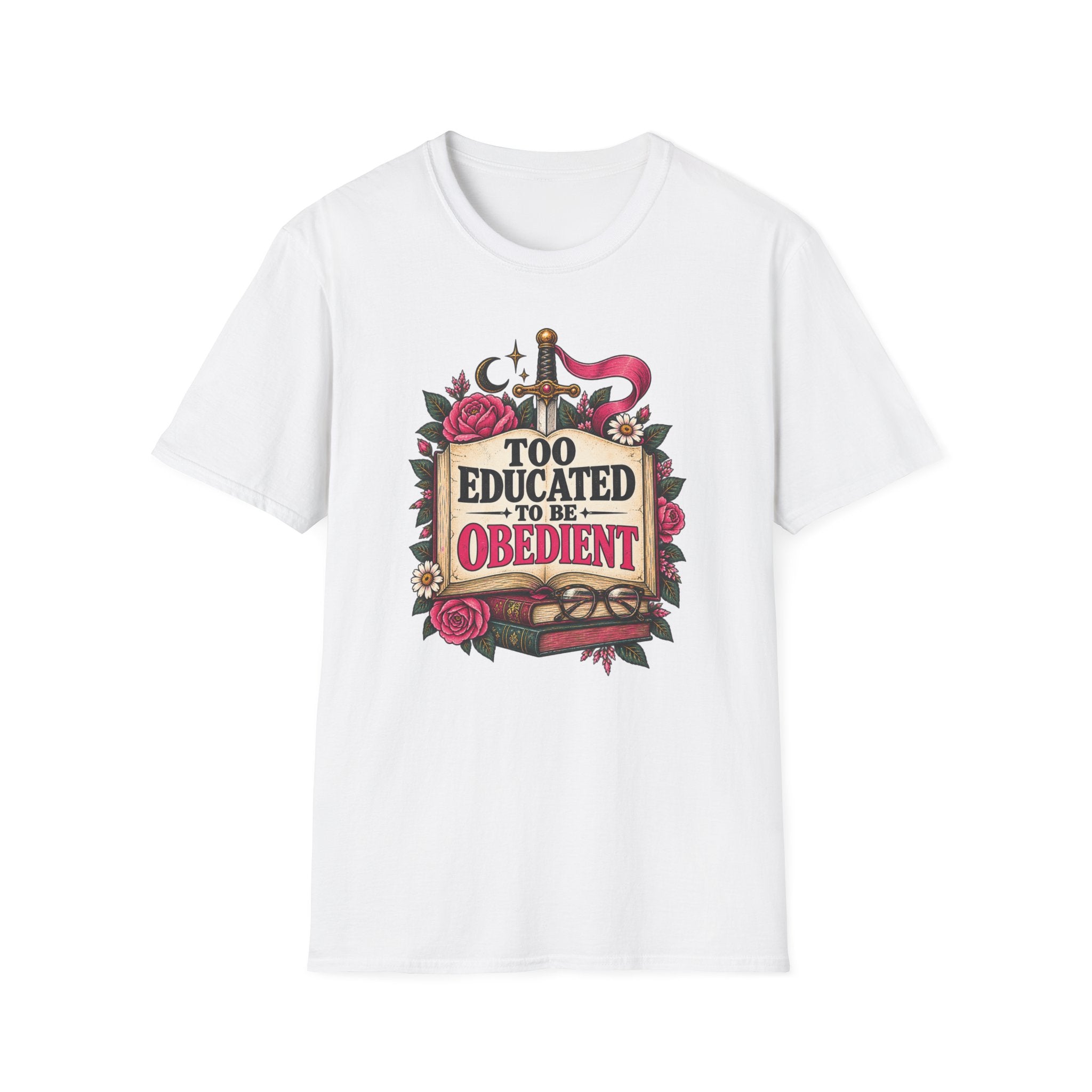 “Too Educated to Be Obedient” Feminist Floral Sword Graphic Tee
