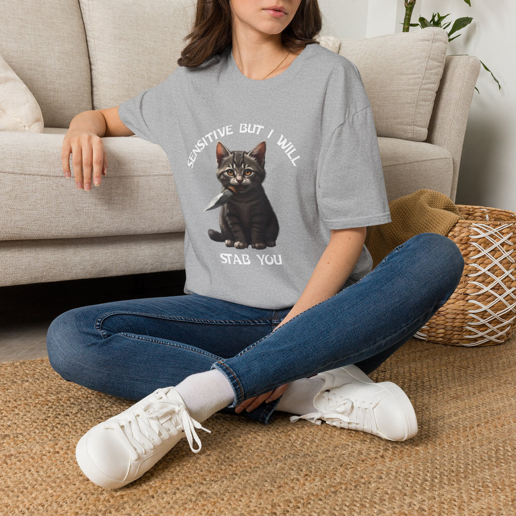Women's Tee — "Sensitive But I Will Stab You" Cute Cat Graphic