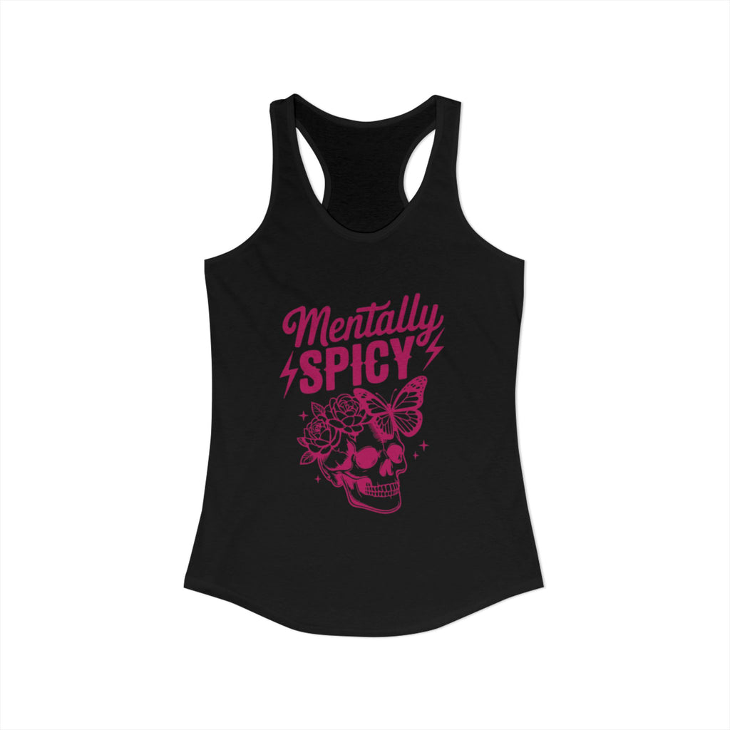 Women’s Black tank top with pink skull and butterfly graphic design and text that says “mentally spicy”