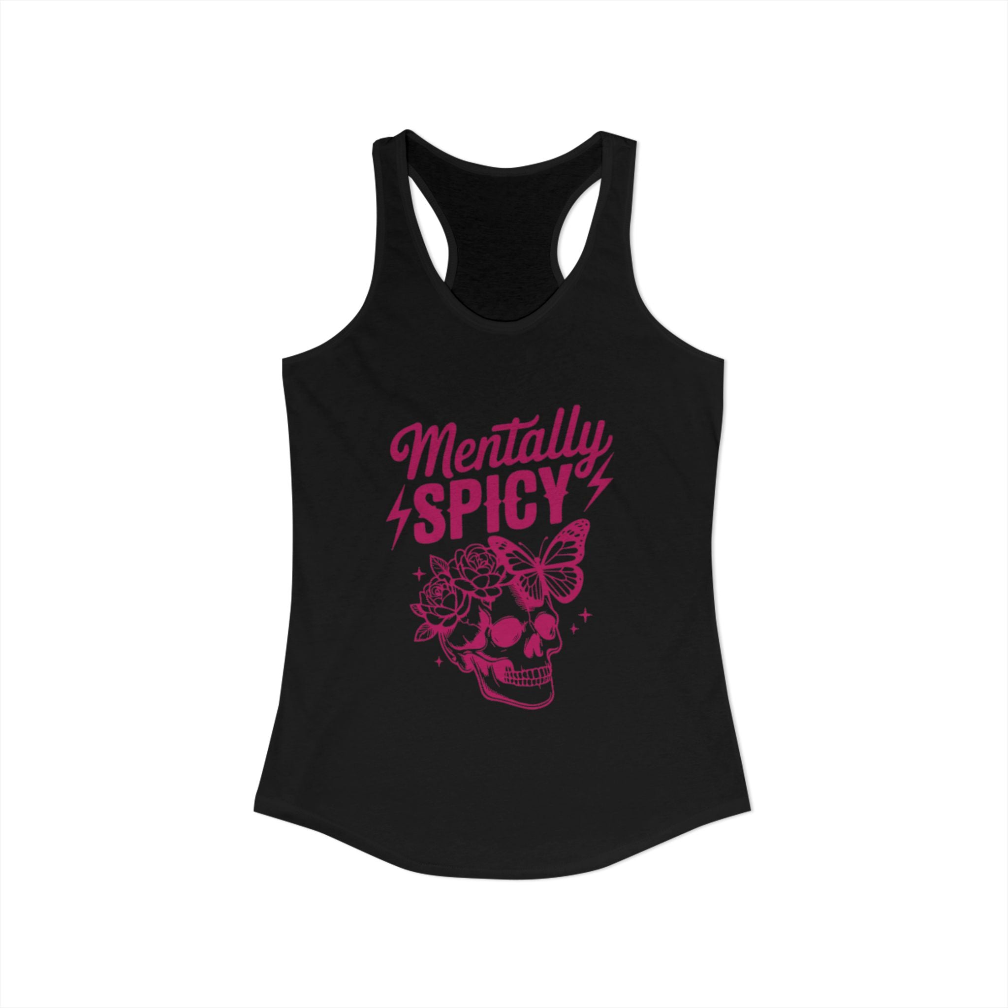 Women’s Black tank top with pink skull and butterfly graphic design and text that says “mentally spicy”