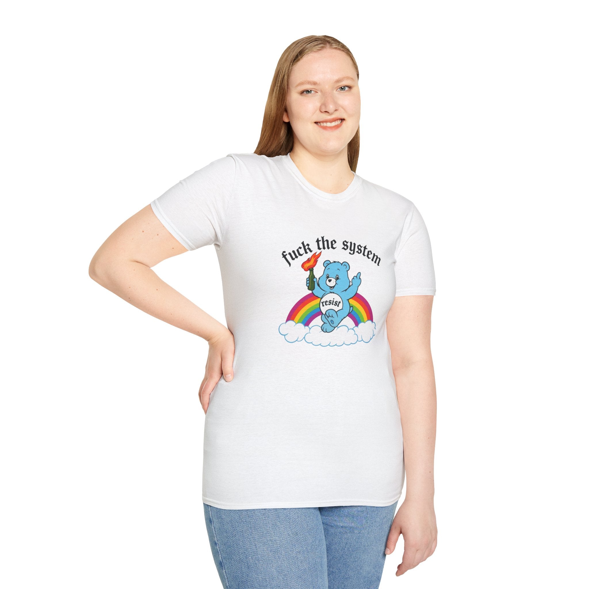 Care Bear 'Fuck the System' T-Shirt — Rainbow Rebellion Graphic Tee