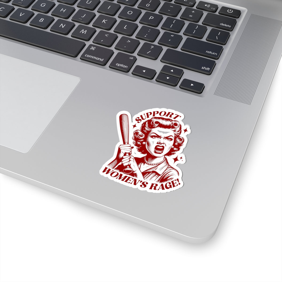 Support Women's Rage Kiss-Cut Sticker — Retro Feminist Baseball Bat Design