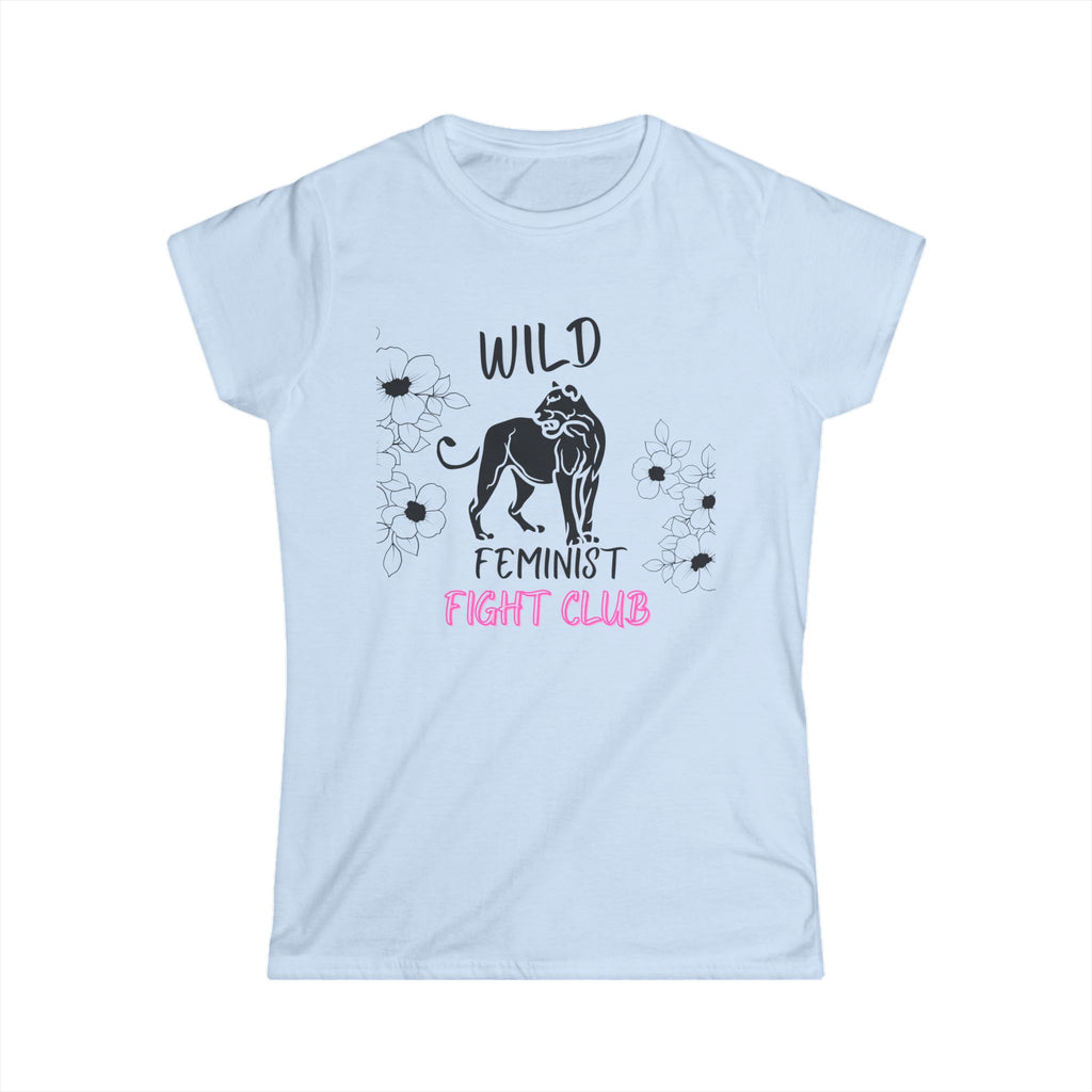 Light blue Feminist t shirt with lion and flowers 