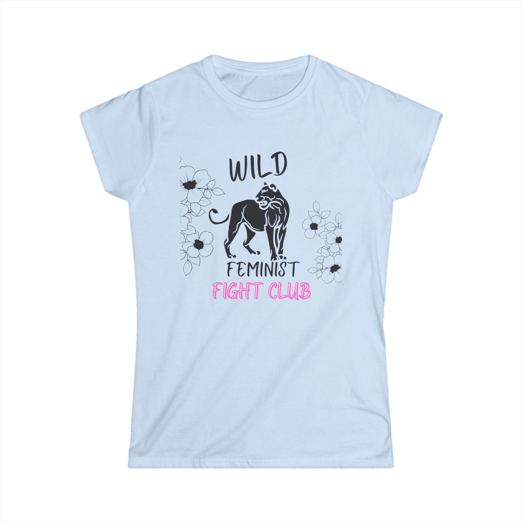 Light blue Feminist t shirt with lion and flowers 