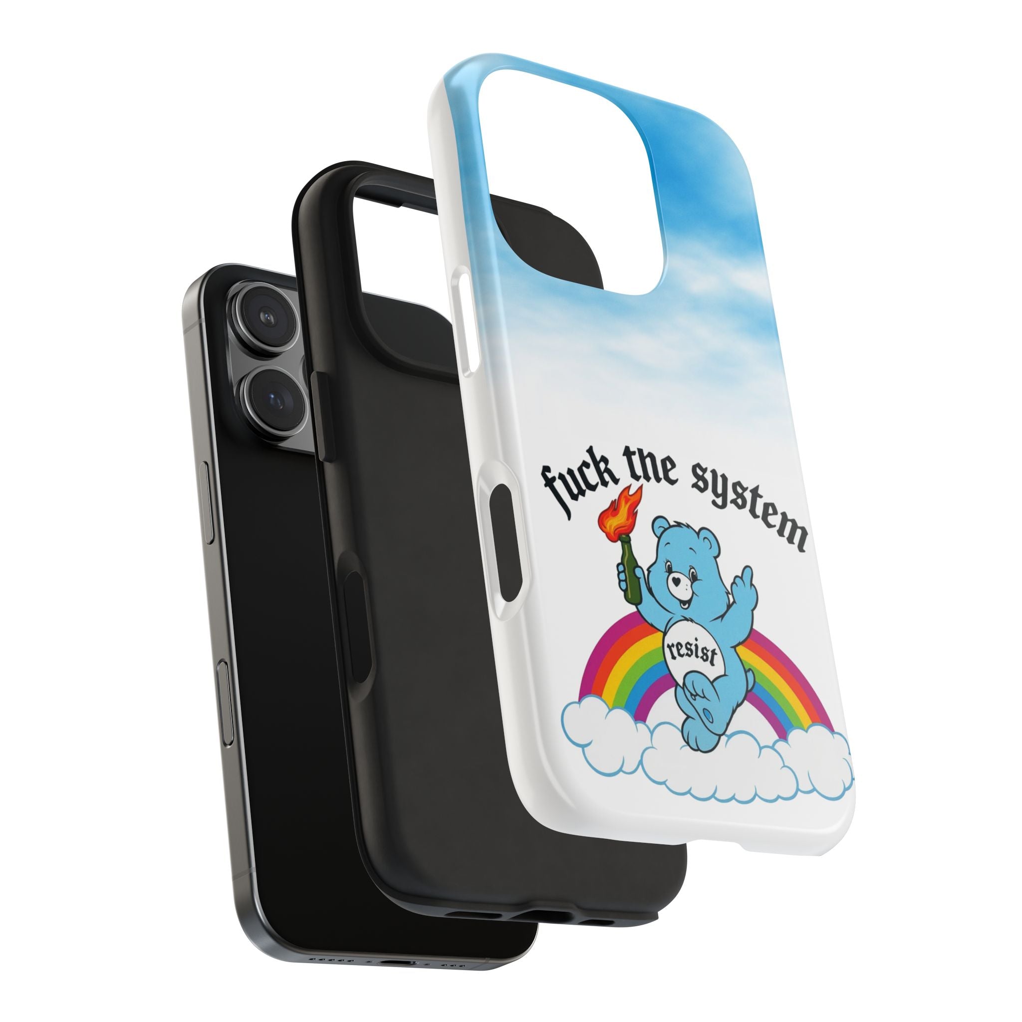Rebel Bear Tough Phone Case — “Fuck the System” Rainbow Design