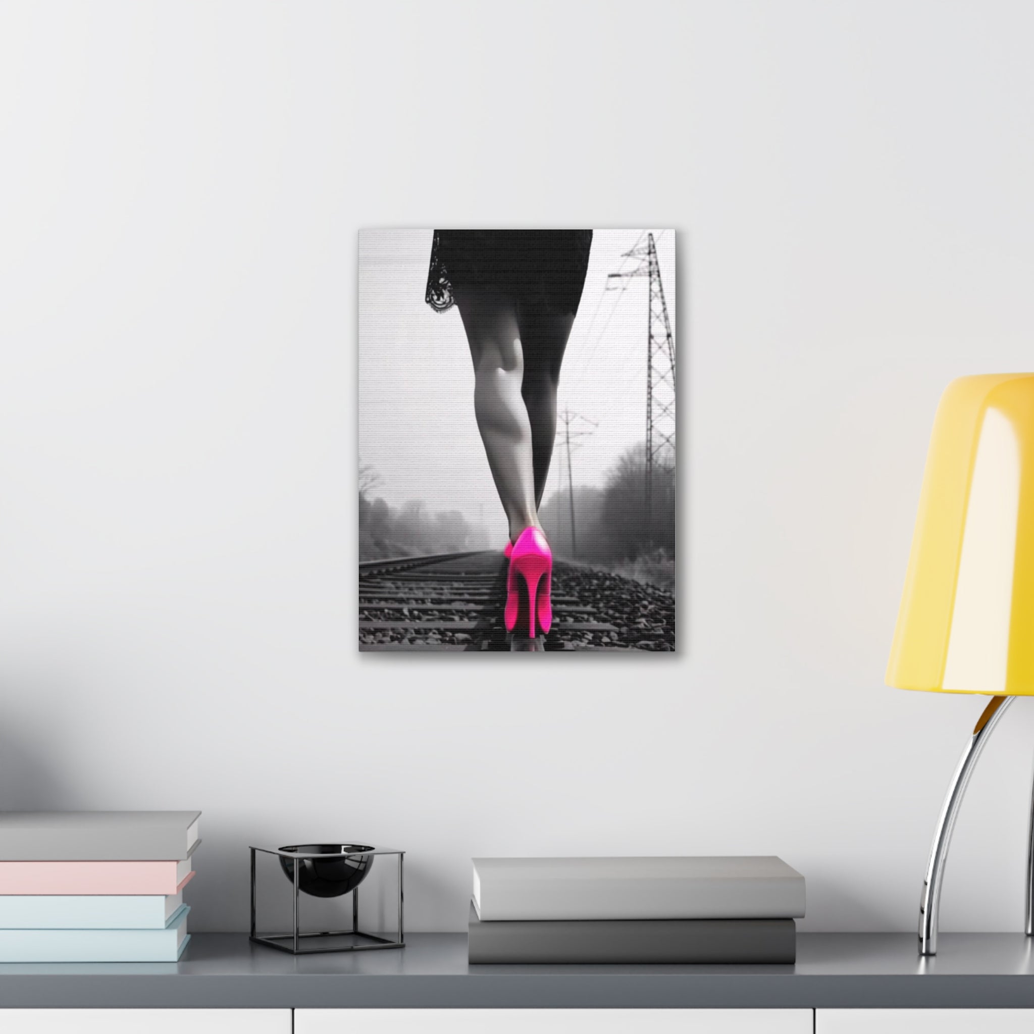 12x16 Canvas Print — Pink Heels on Rails Black & White Fashion Photography