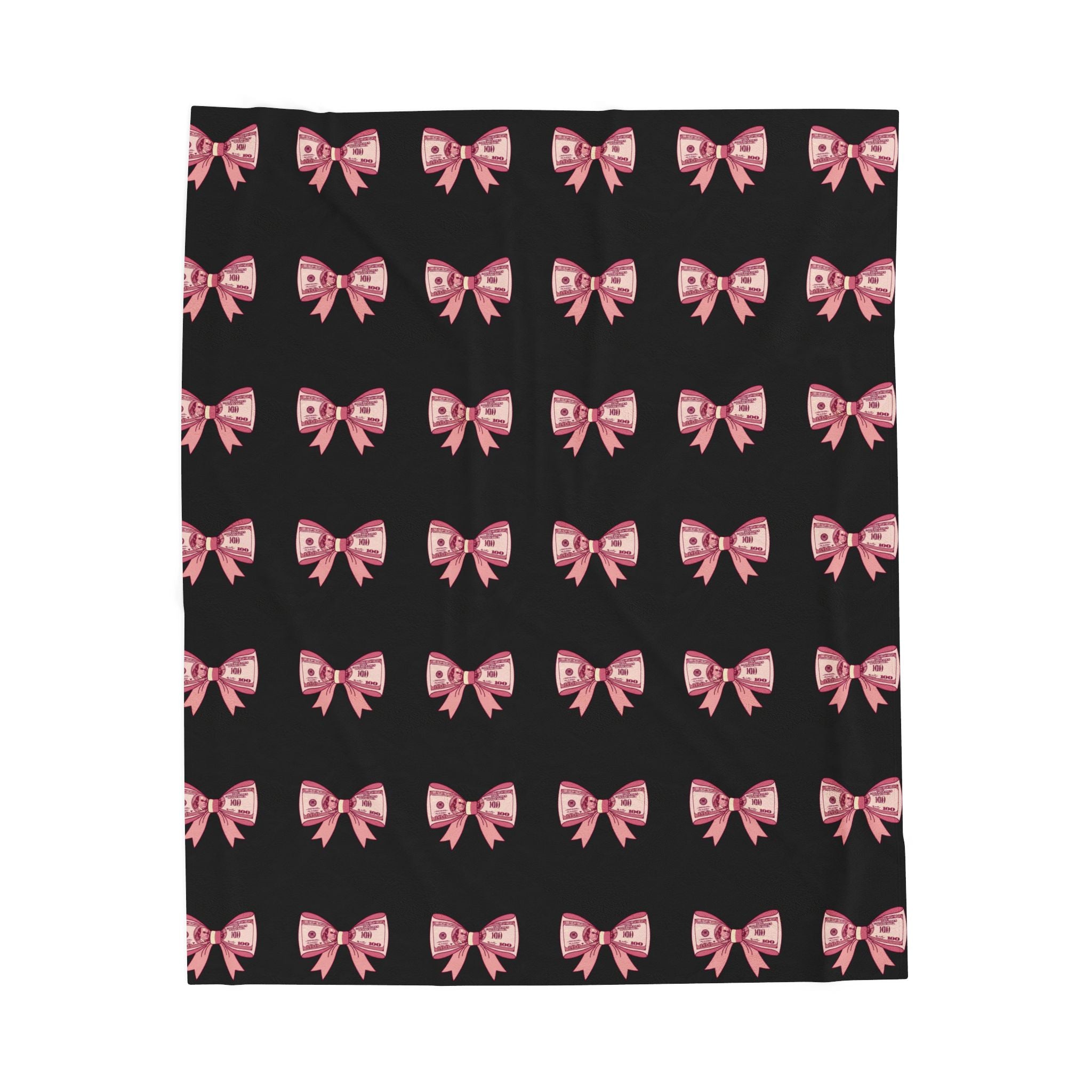 Pink Bow Pattern Velveteen Blanket | Black Background, Repeating Bows