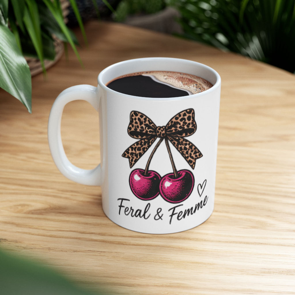 “Feral & Femme” Leopard Bow Cherry Mug | Feminist Coffee Mug