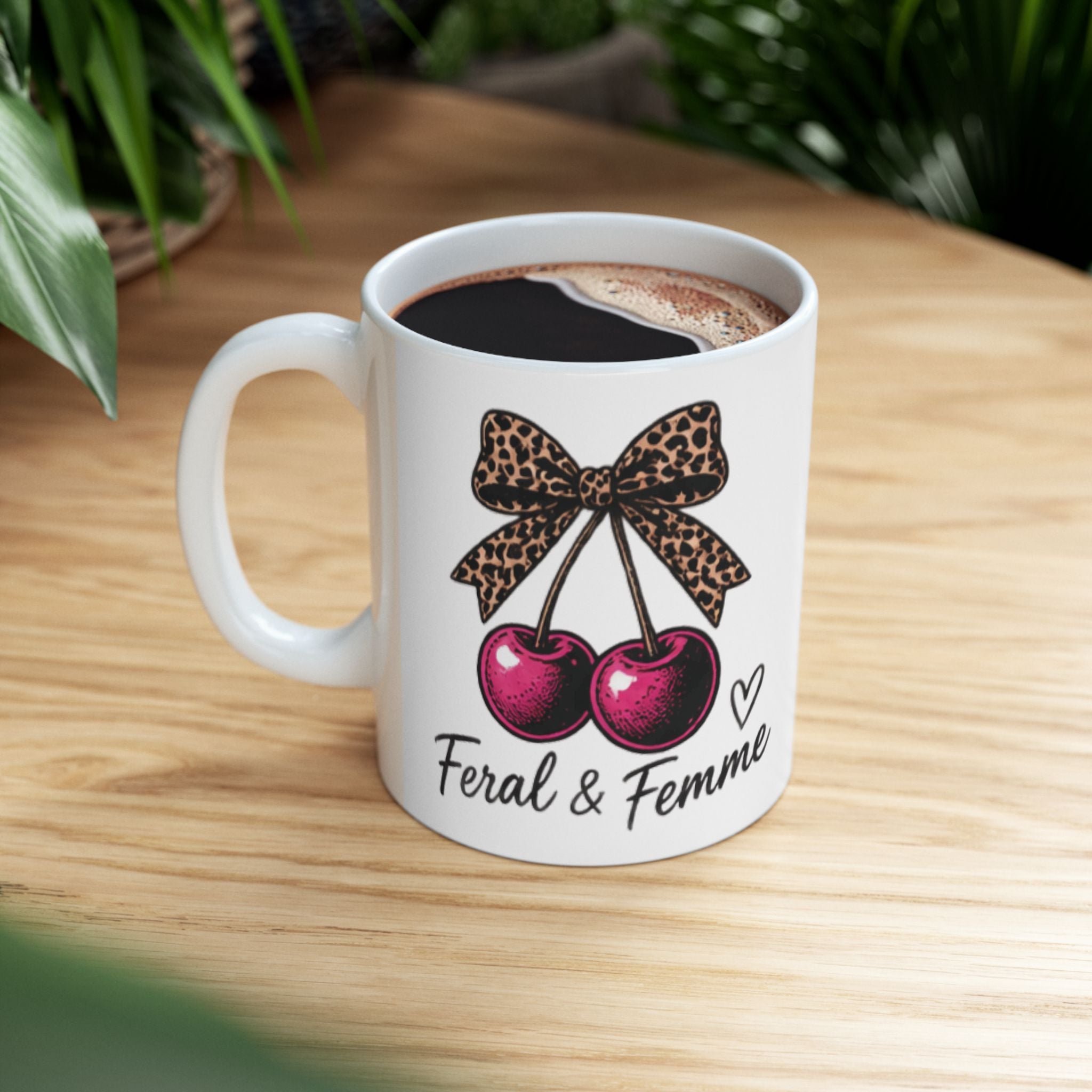 “Feral & Femme” Leopard Bow Cherry Mug | Feminist Coffee Mug