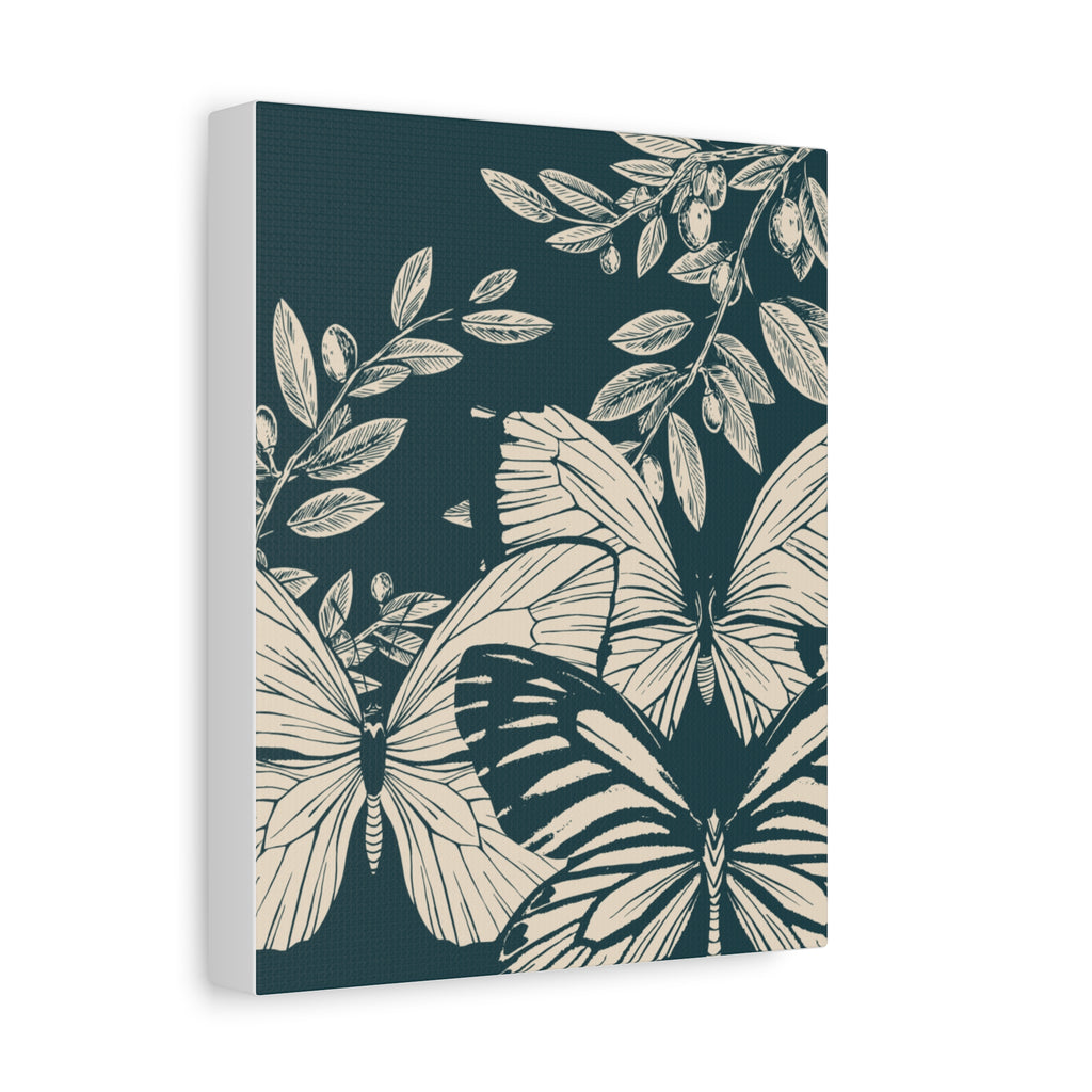 Butterfly Botanical Canvas Wall Art — Teal & Cream Stretched Matte Print