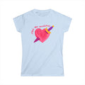Women’s feminist light blue t-shirt with a pink heart and sword graphic and red text that reads “she’s the revolution”
