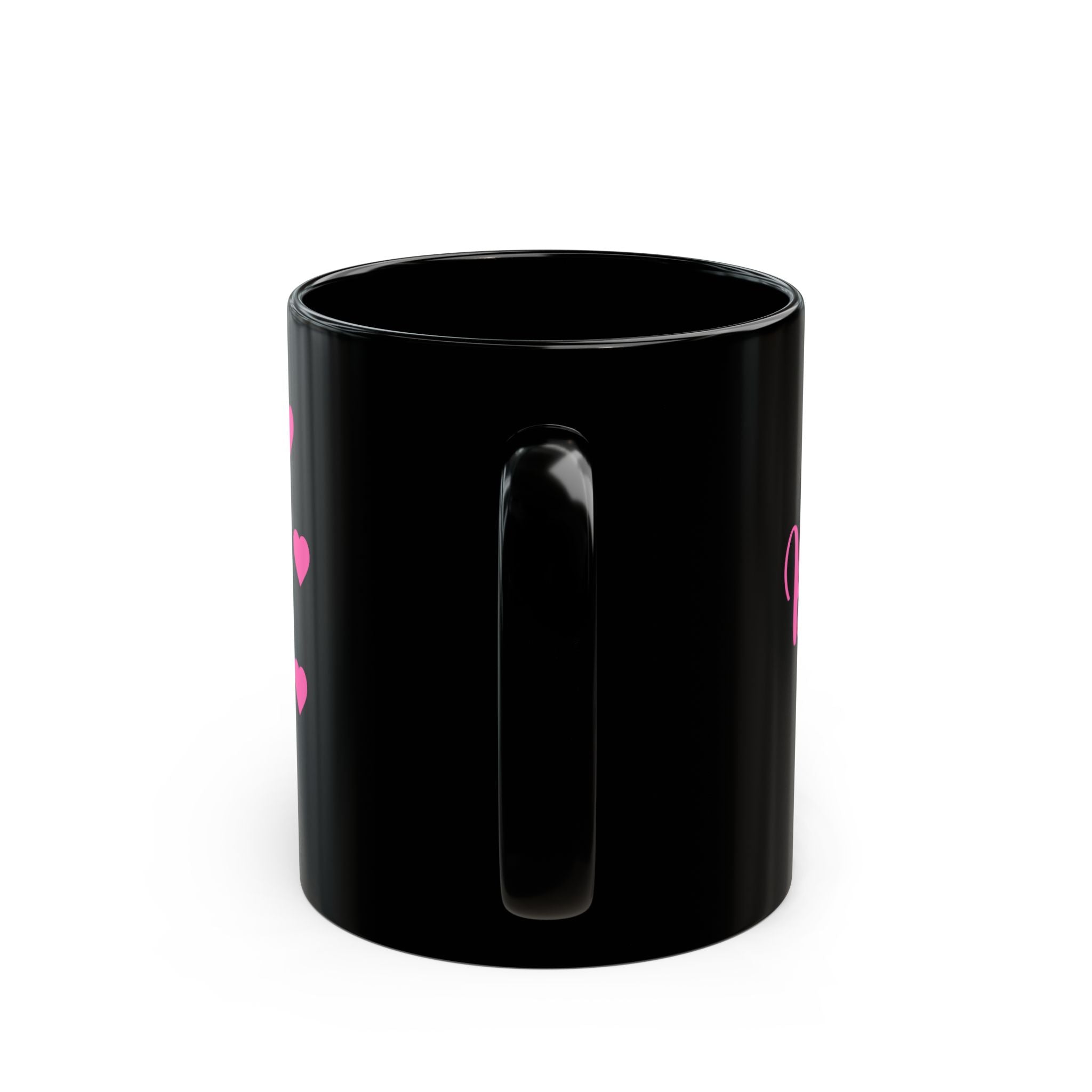 Custom name Black Heart Mug — Pink Hearts Accent Ceramic Coffee Cup (11oz/15oz)
