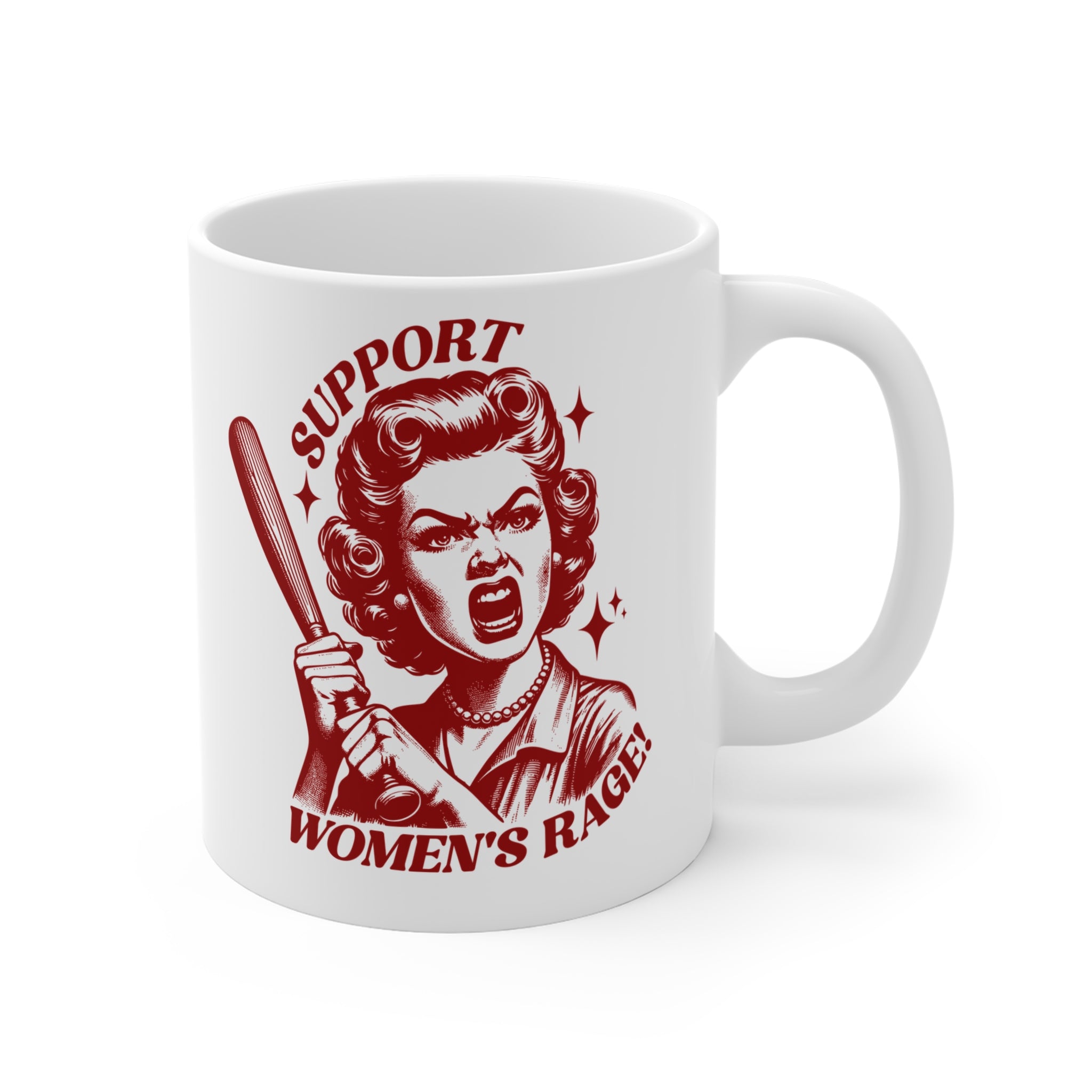 Support Women's Rage Mug — Feminist Retro Baseball Bat Coffee Cup