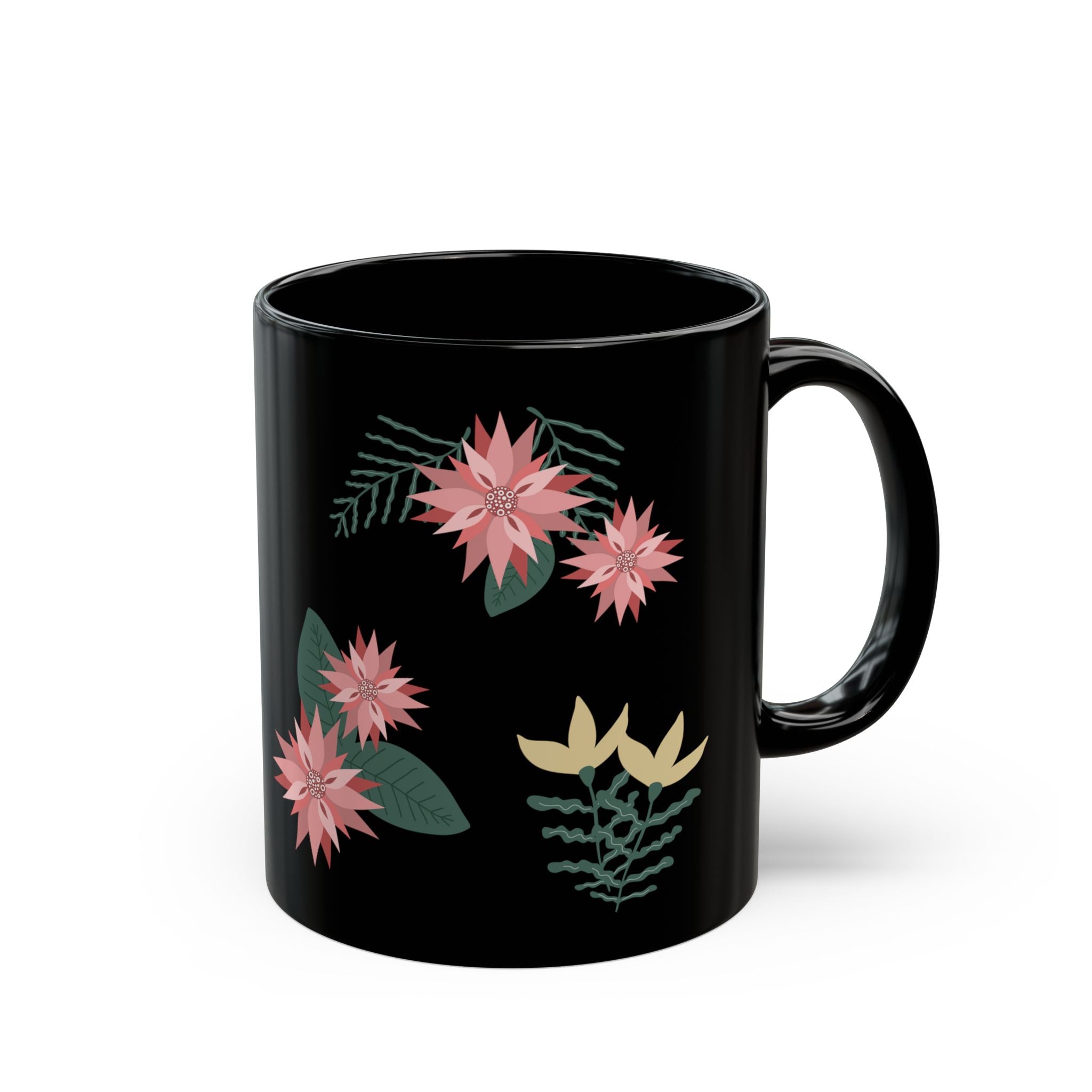 Floral Monogram Black Mug — Personalized Pink Poinsettia Coffee Cup