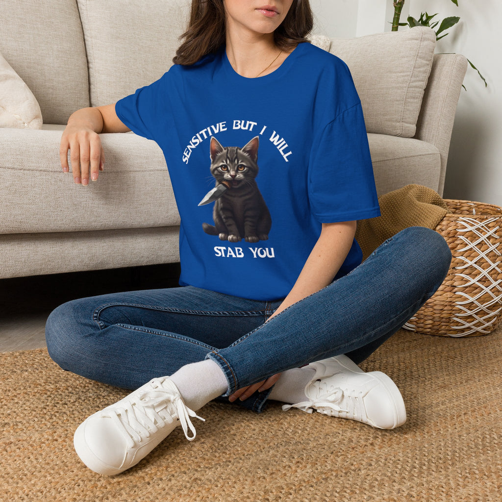 Women's Tee — "Sensitive But I Will Stab You" Cute Cat Graphic