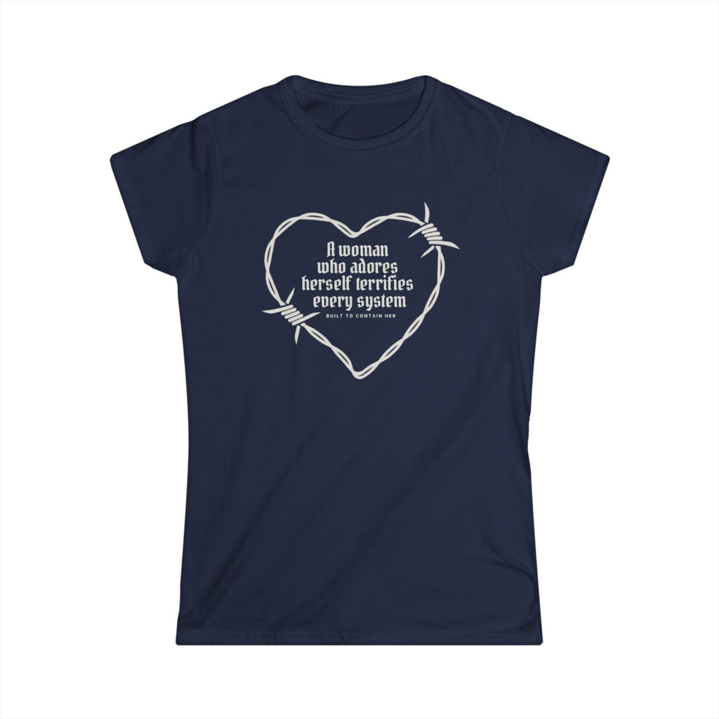 Navy blue t-shirt with white graphic and text on a white background